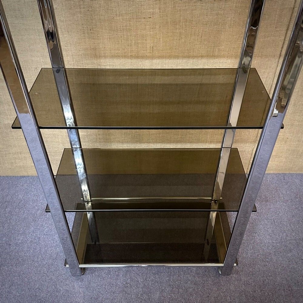 Large Heavy Vintage Chrome And Smoked Glass Shelving Unit Five Shelves photo 594.0
