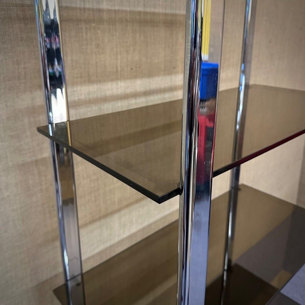 Large Heavy Vintage Chrome And Smoked Glass Shelving Unit Five Shelves photo vinterior