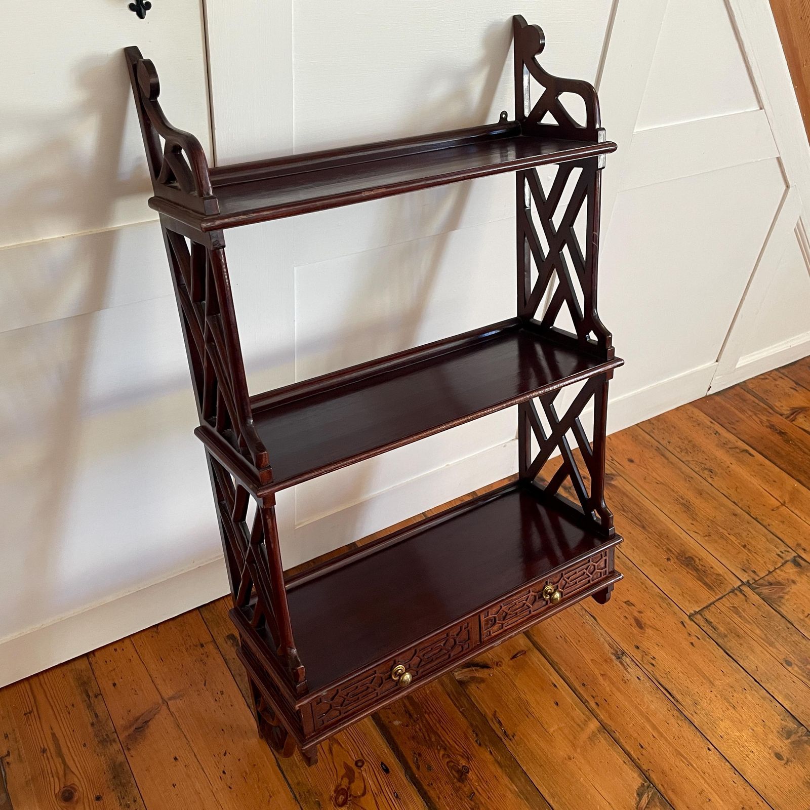 Chinese Wooden Wall Hanging Cabinet Shelves Wood Ornate Drawers 3 Tiers Mahogany Antique Vintage Oriental Carved Chippendale Style Fretwork photo Furniture