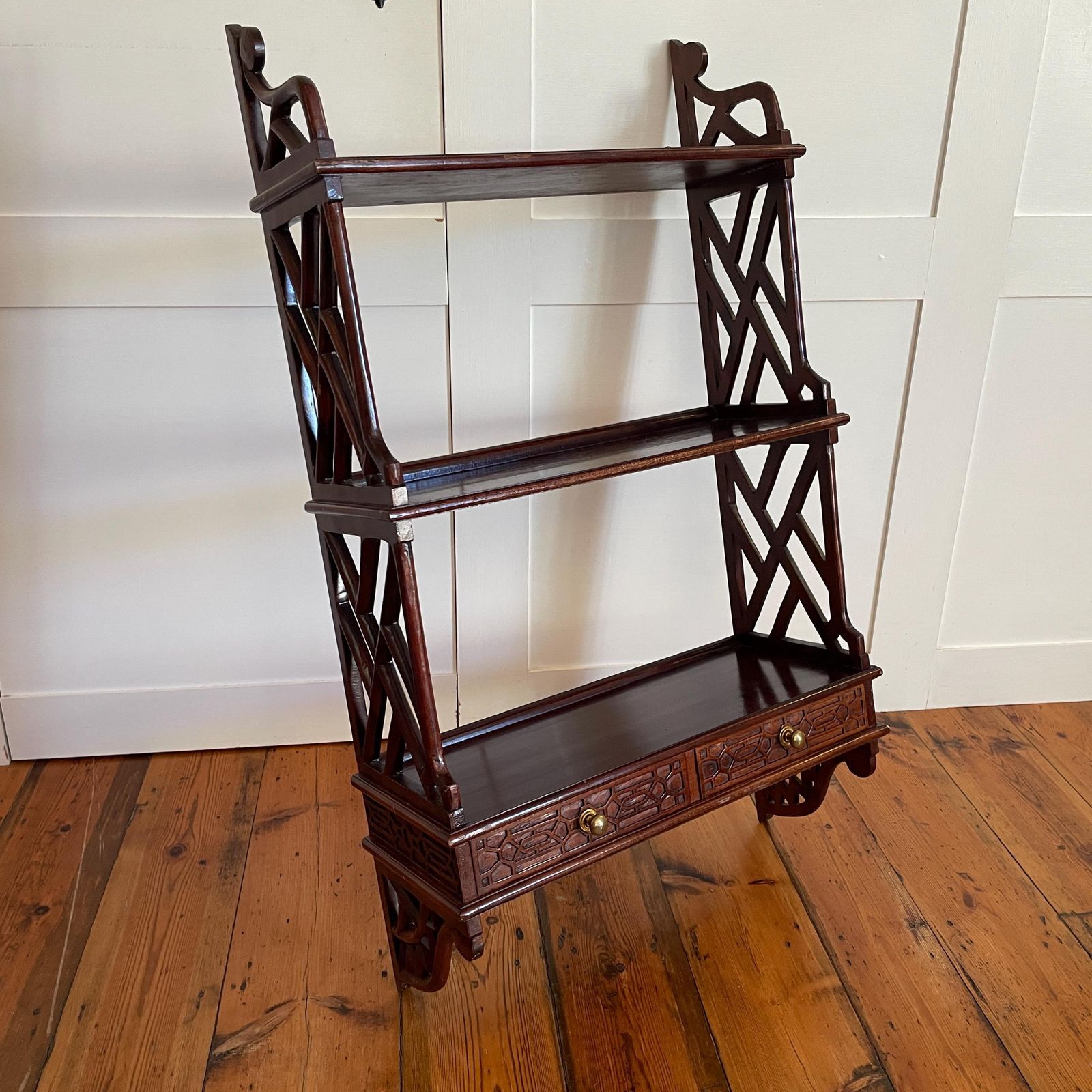Chinese Wooden Wall Hanging Cabinet Shelves Wood Ornate Drawers 3 Tiers Mahogany Antique Vintage Oriental Carved Chippendale Style Fretwork photo buy