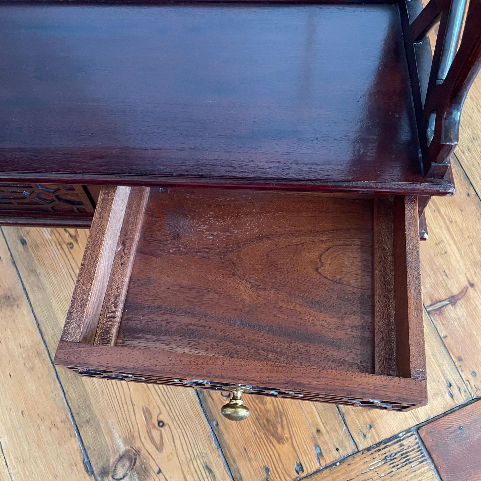 photo buy Chinese Wooden Wall Hanging Cabinet Shelves Wood Ornate Drawers 3 Tiers Mahogany Antique Vintage Oriental Carved Chippendale Style Fretwork