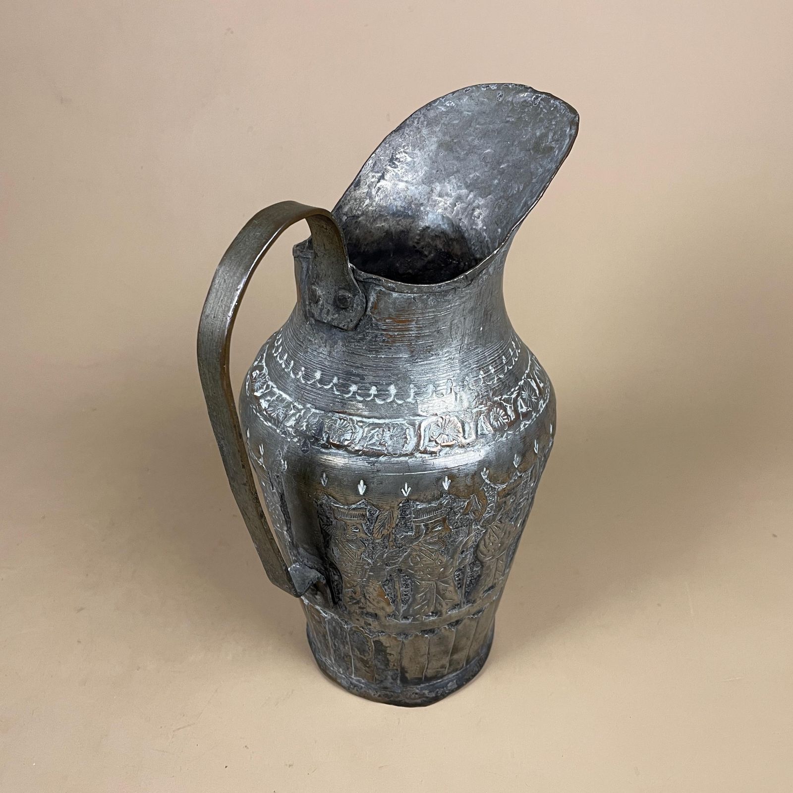 Antique Metal Tinned Copper Silver Middle East Ewer Pitcher Vase Patterned Plant Pot Jug Planter Jardiniere Handmade Intricate Decorative photo furniture