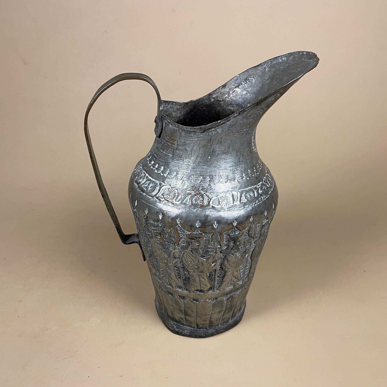 Antique Metal Tinned Copper Silver Middle East Ewer Pitcher Vase Patterned Plant Pot Jug Planter Jardiniere Handmade Intricate Decorative photo Home Decor