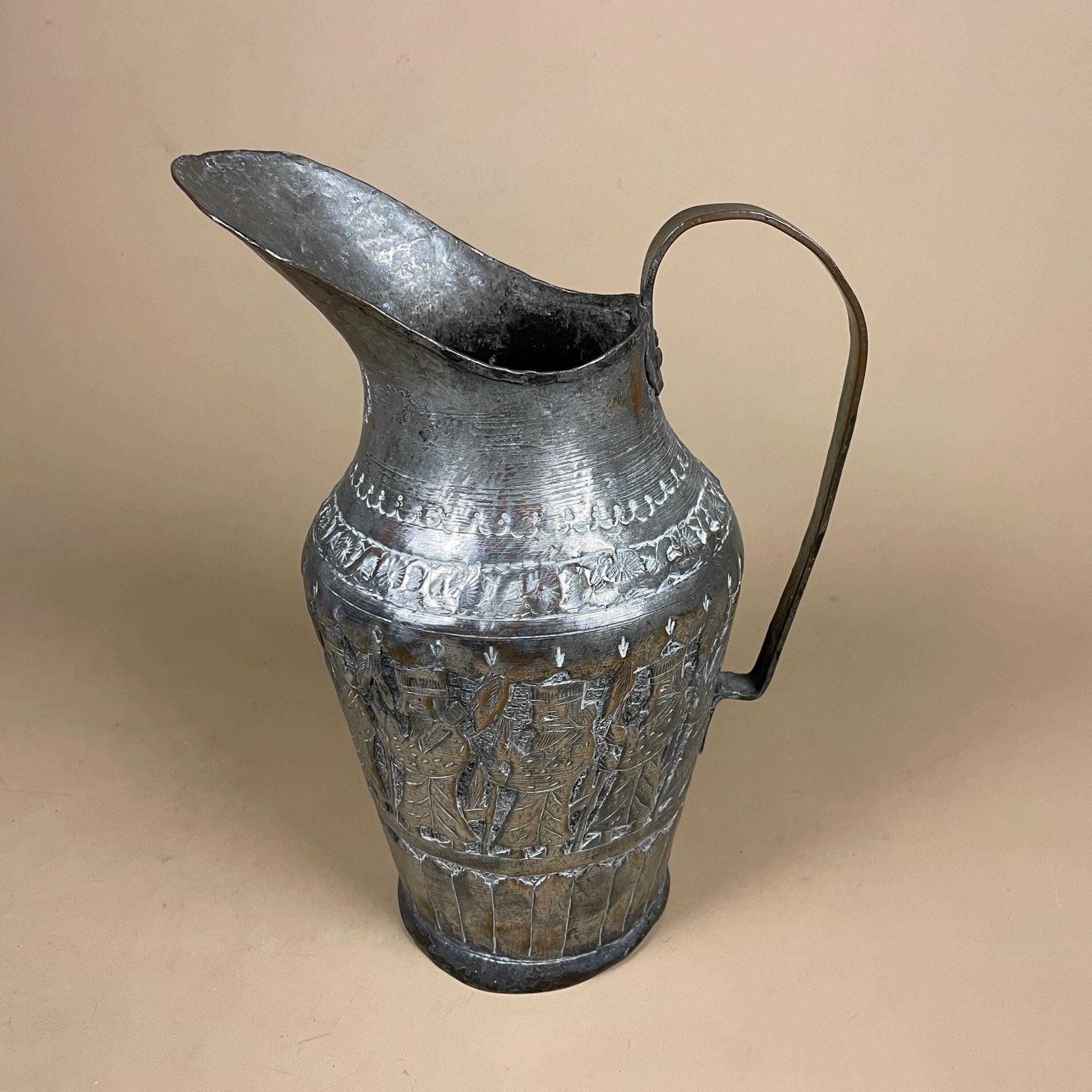 Antique Metal Tinned Copper Silver Middle East Ewer Pitcher Vase Patterned Plant Pot Jug Planter Jardiniere Handmade Intricate Decorative photo buy