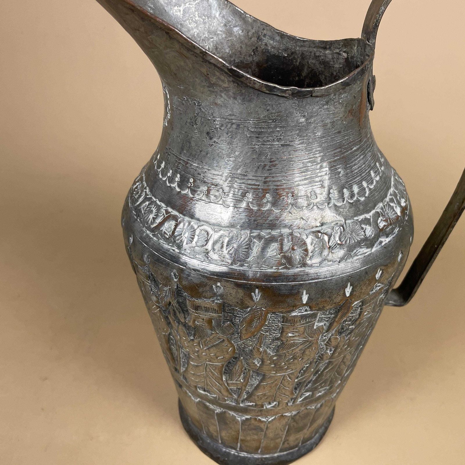 photo furniture Antique Metal Tinned Copper Silver Middle East Ewer Pitcher Vase Patterned Plant Pot Jug Planter Jardiniere Handmade Intricate Decorative