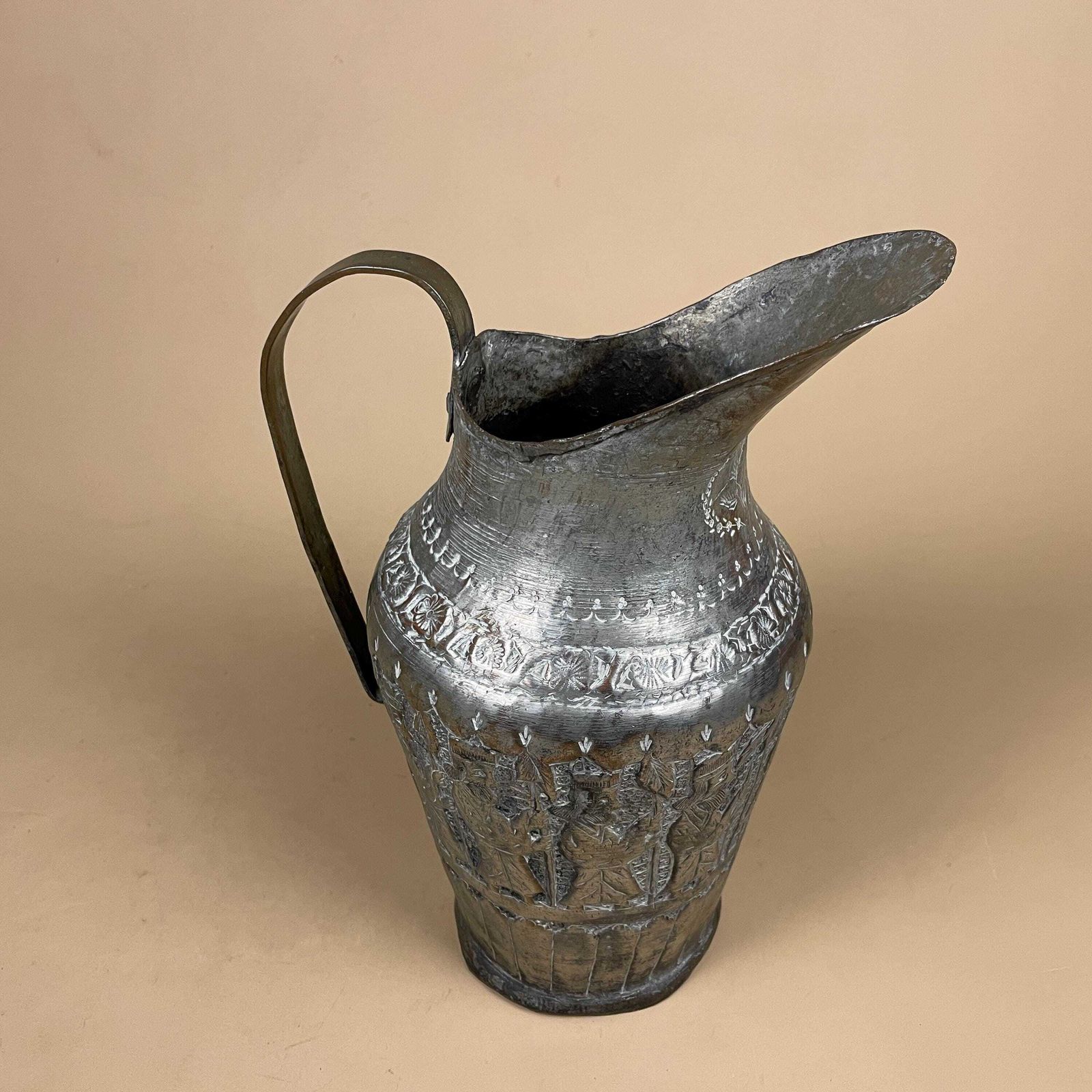 Home Decor Antique Metal Tinned Copper Silver Middle East Ewer Pitcher Vase Patterned Plant Pot Jug Planter Jardiniere Handmade Intricate Decorative photo