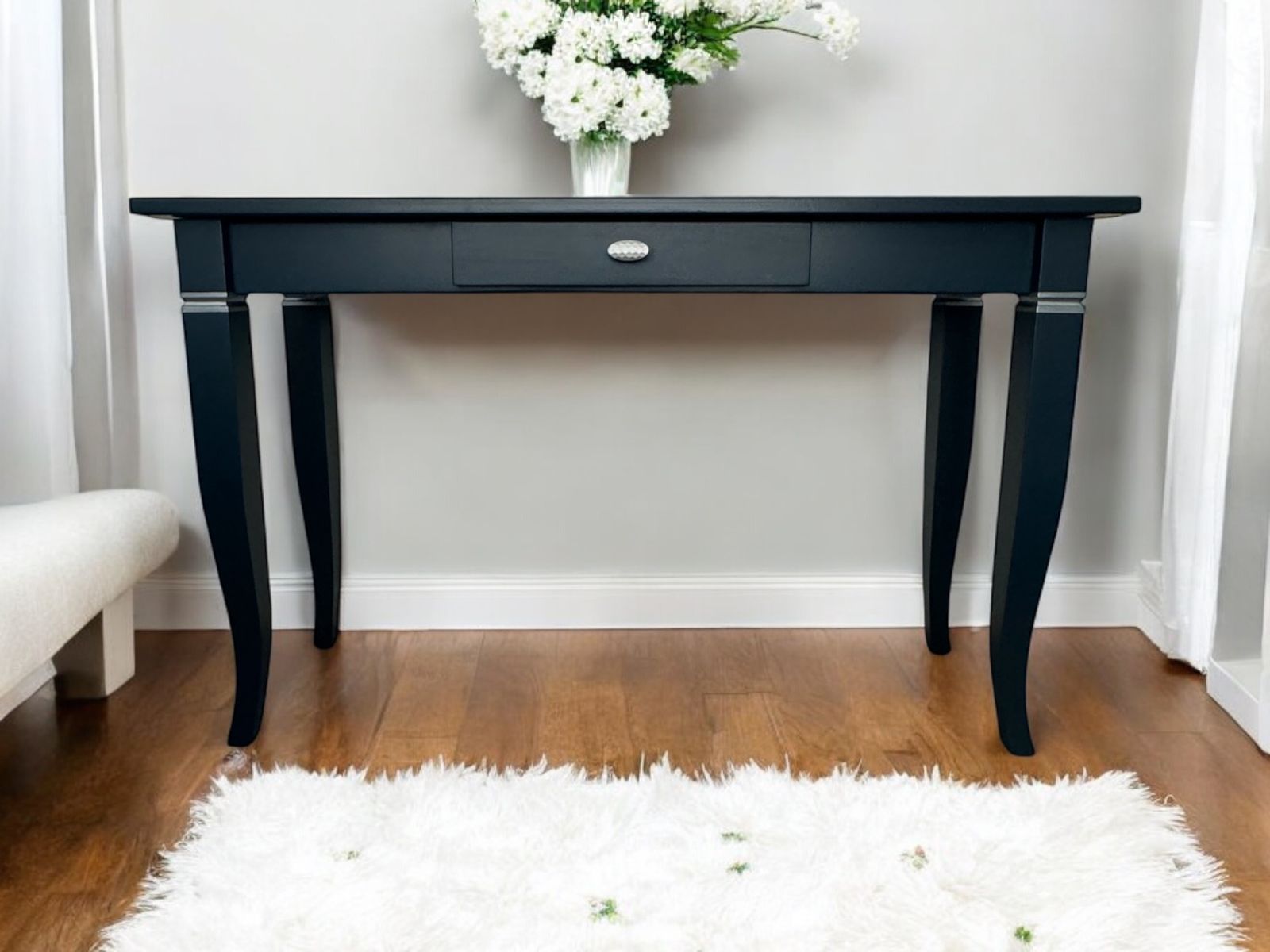 Large Blue Hand Painted Table, With Silver Detailing And A Small Drawer In The Centre