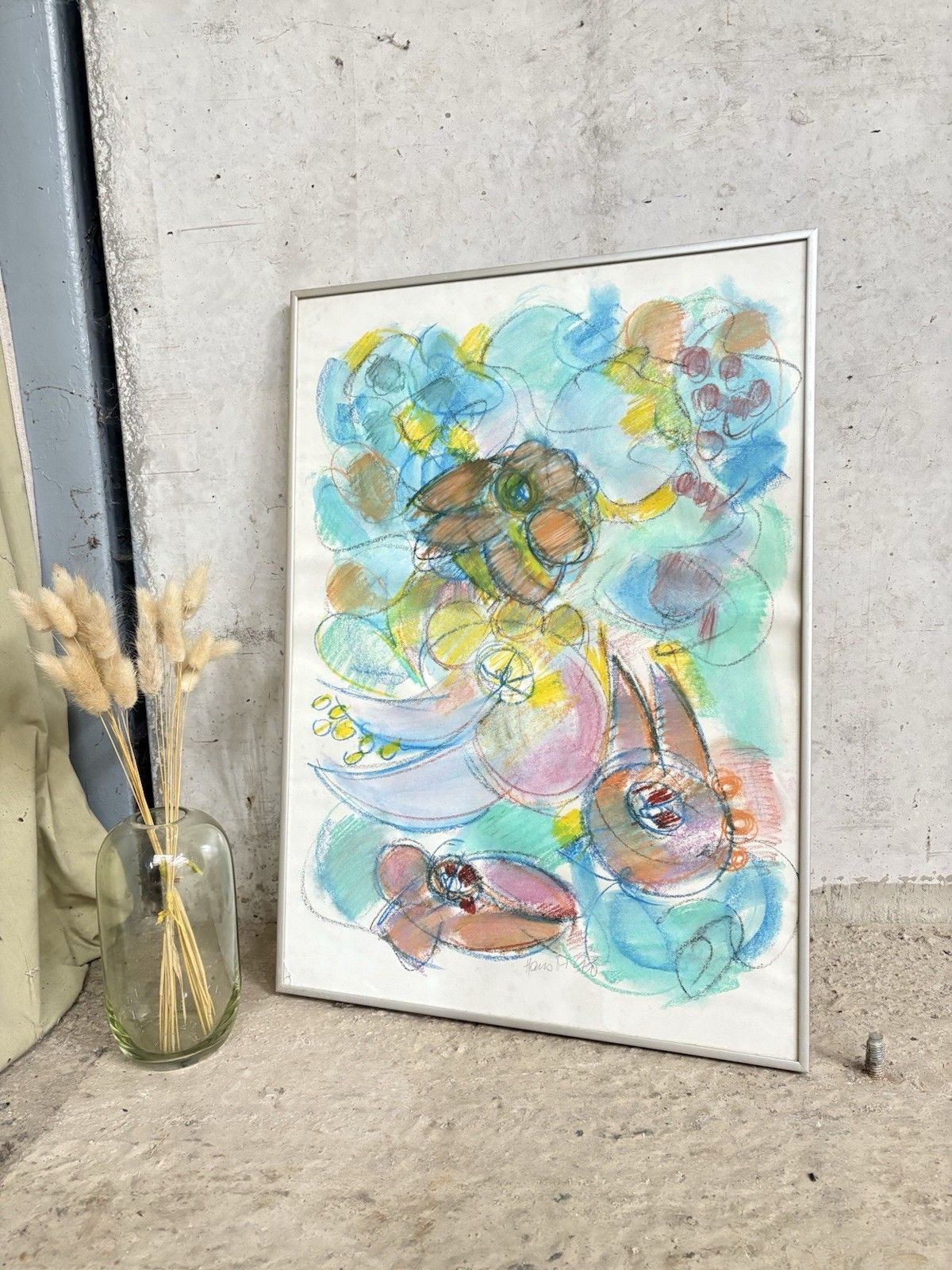 Vtg Late Mid Century Abstract Art School Painting Wall Hanging Picture R1001 photo furniture