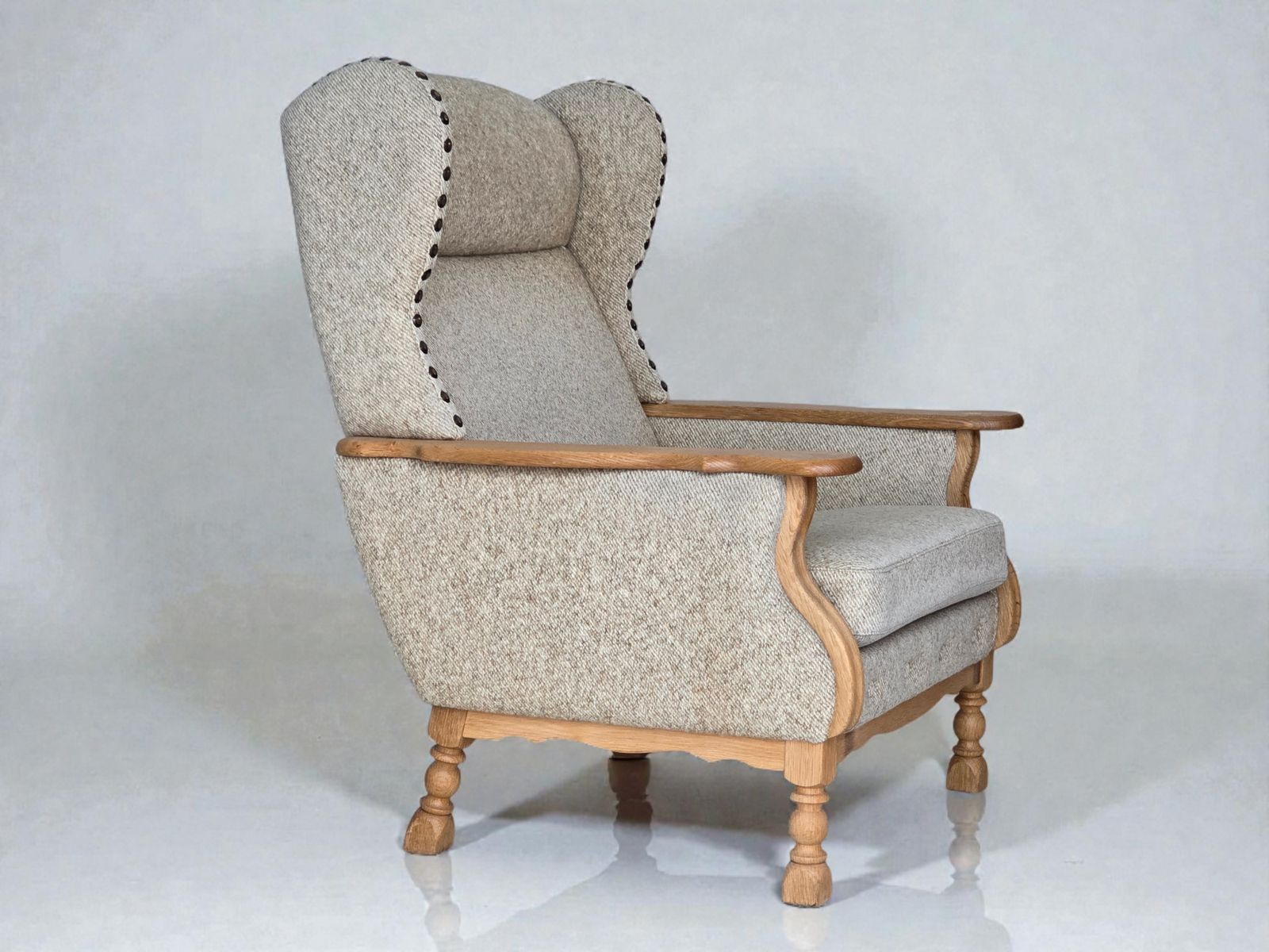 1970s, Danish Highback Armchair, Furniture Wool, Solid Oak Wood.