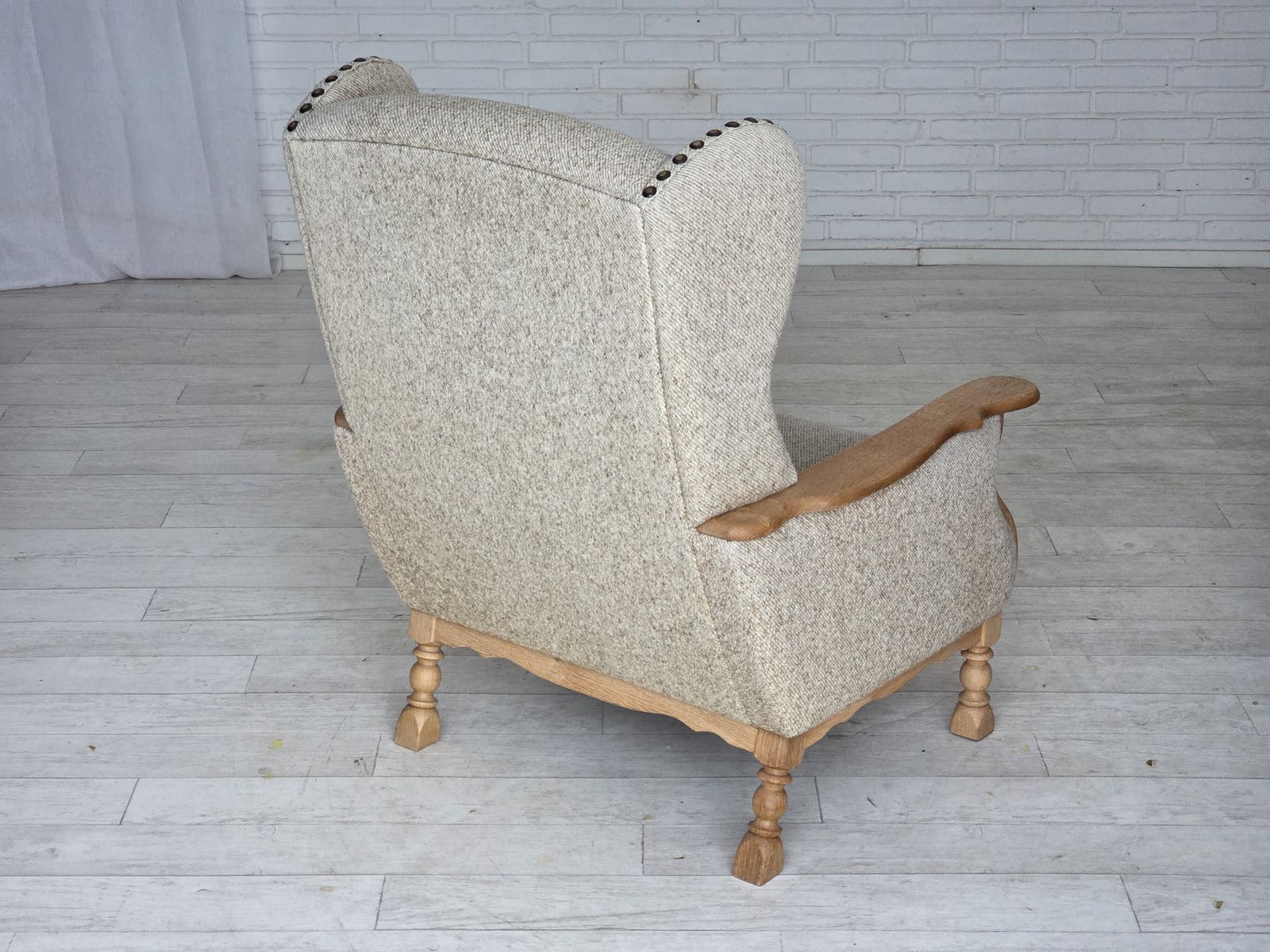 1970s, Danish Highback Armchair, Furniture Wool, Solid Oak Wood. photo Furniture