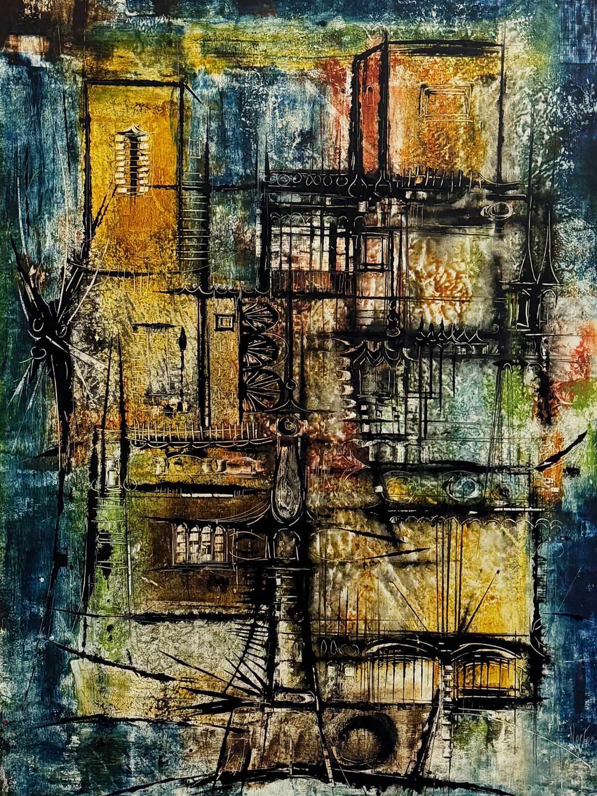 Mid Century Abstract Oil Painting, Signed Norton photo furniture