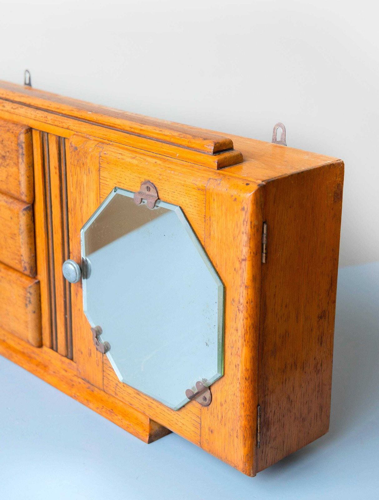 Antique Oak Medicine Chest With Beveled Octagonal Mirror – Art Deco Wooden Storage Unit, 1920s photo for sale