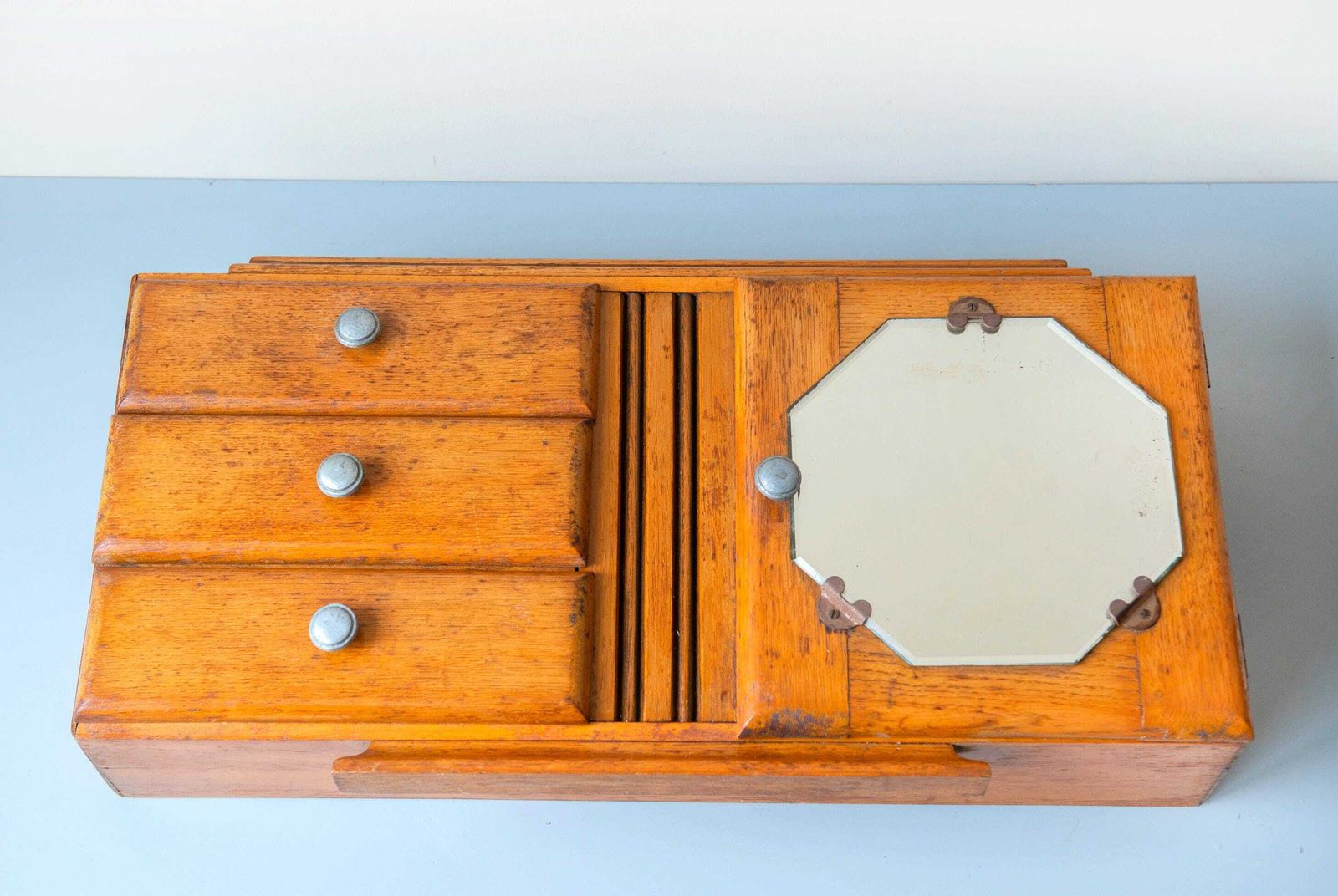 photo for sale Antique Oak Medicine Chest With Beveled Octagonal Mirror – Art Deco Wooden Storage Unit, 1920s