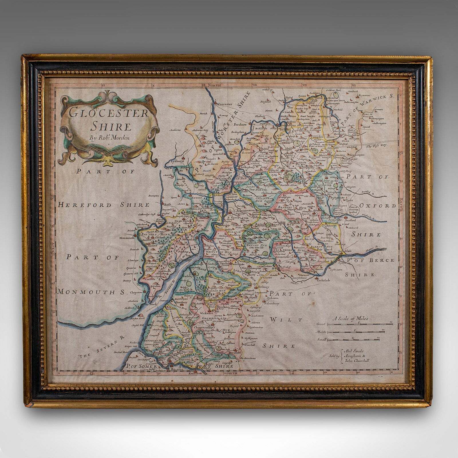 Antique Gloucestershire Map, Atlas, English, Robert Morden, Cartography, C.1700 photo for sale