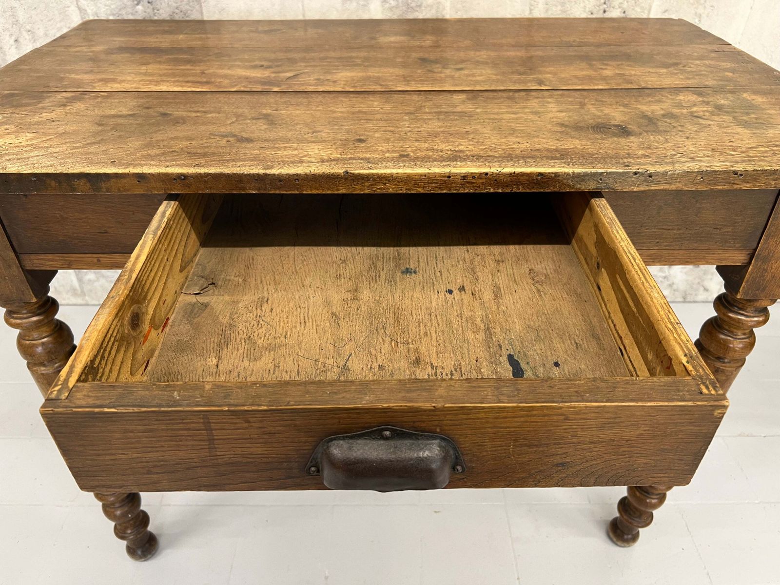 99.5cm Walnut Wood Turned Leg Bistro Table With Cup Handles On Drawer photo vintage