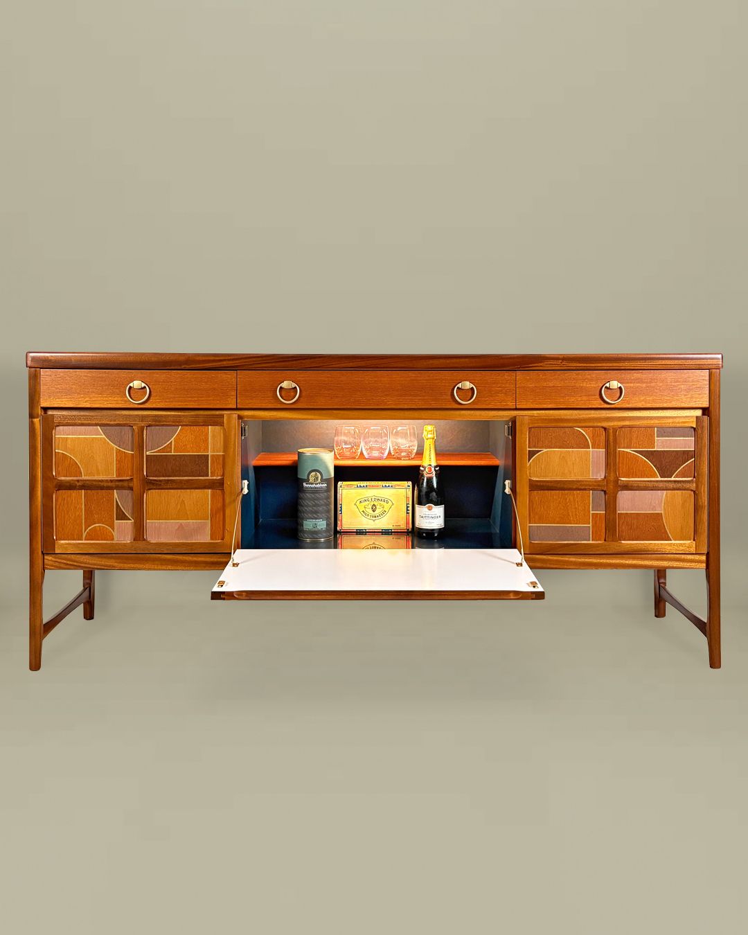 Mid Century Nathan 'Squares' Teak Sideboard With Abstract/Bauhaus Design/Lighting/Leatherette Interior photo furniture
