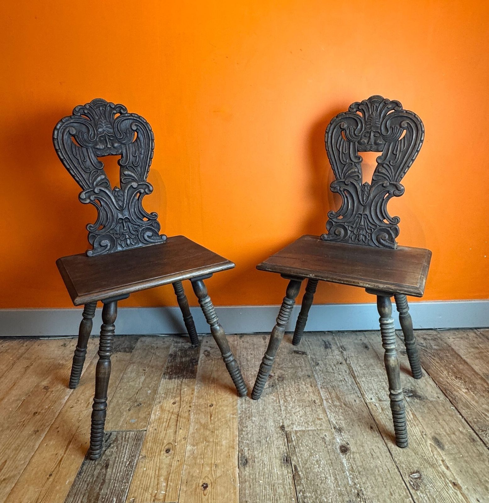 Pair Of Antique Swiss Alpine Escabelle Chairs photo furniture