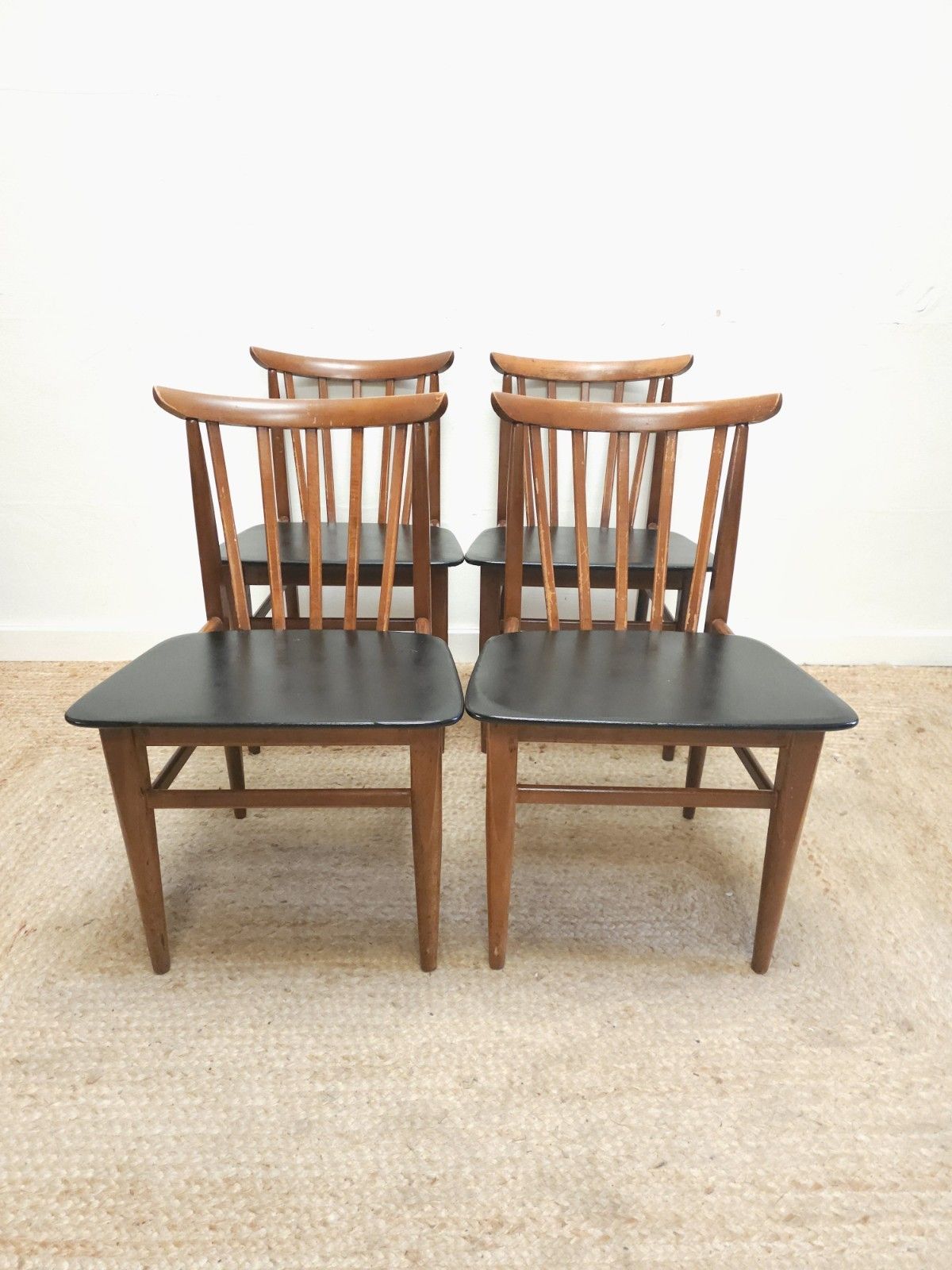 Retro Elliots Of Newbury Dining Chairs Mid Century Set Of 4 Black Vinyl Delivery photo 205.0