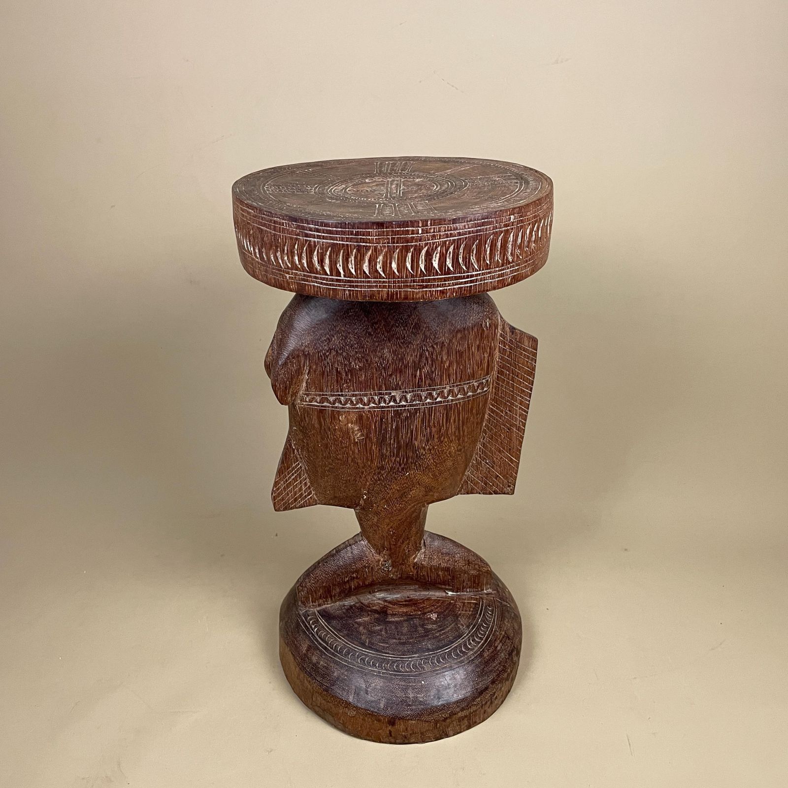 Antique African Luba Caryatid Stool Handmade Round Wood Table Plant Stand Fish Wooden Africa Furniture Circle Brown Seat Tribe Handcrafted