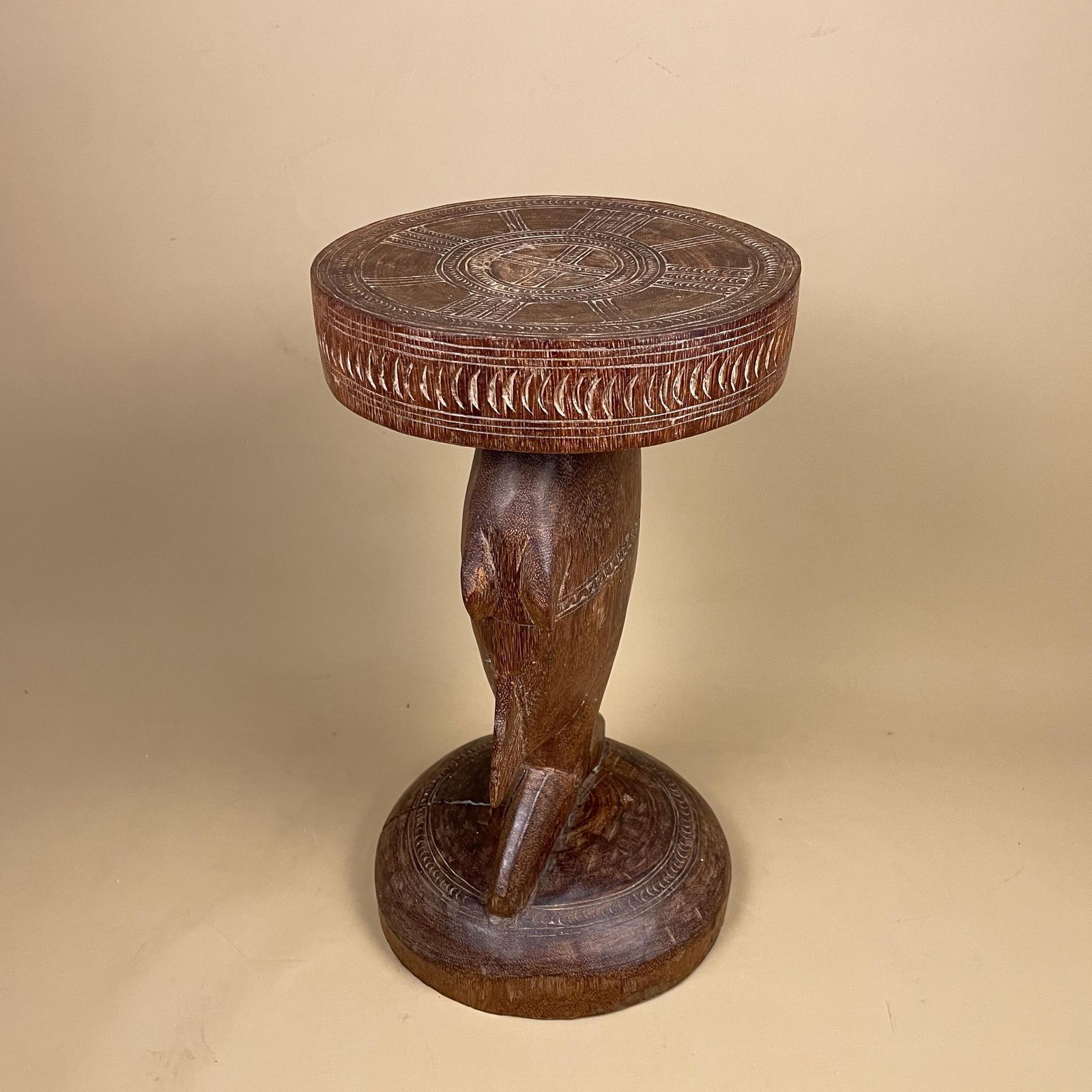 Antique African Luba Caryatid Stool Handmade Round Wood Table Plant Stand Fish Wooden Africa Furniture Circle Brown Seat Tribe Handcrafted photo for sale