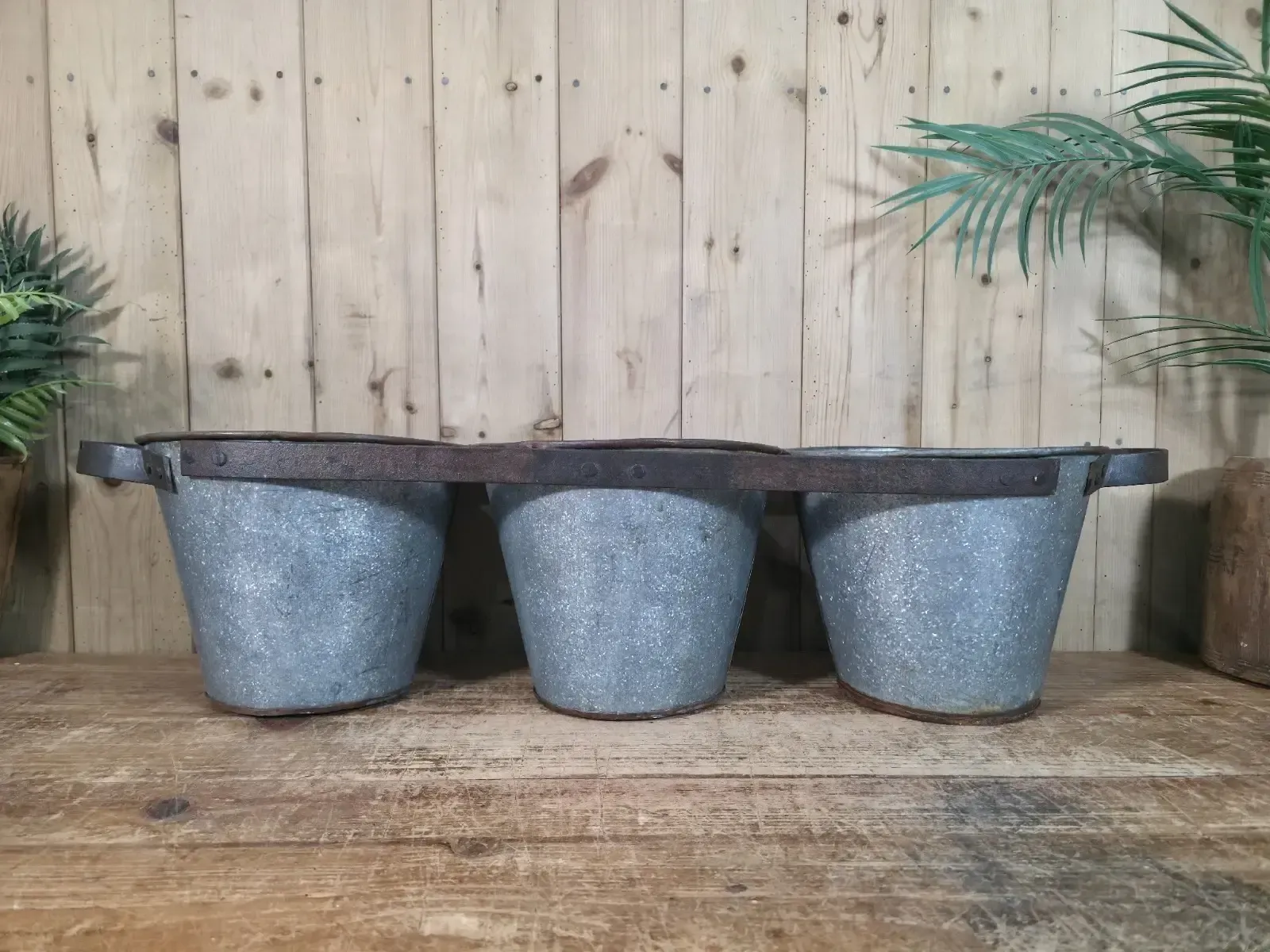 Rustic Reclaimed Hand Made Galvanised Metal Triple Pot Garden Planter photo furniture