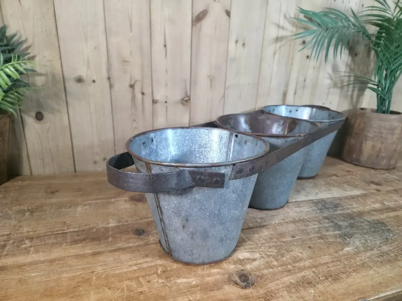 Rustic Reclaimed Hand Made Galvanised Metal Triple Pot Garden Planter photo for sale