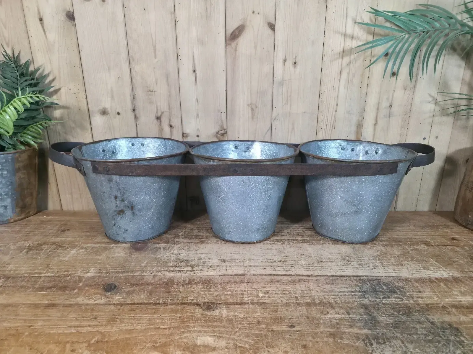 Rustic Reclaimed Hand Made Galvanised Metal Triple Pot Garden Planter photo buy