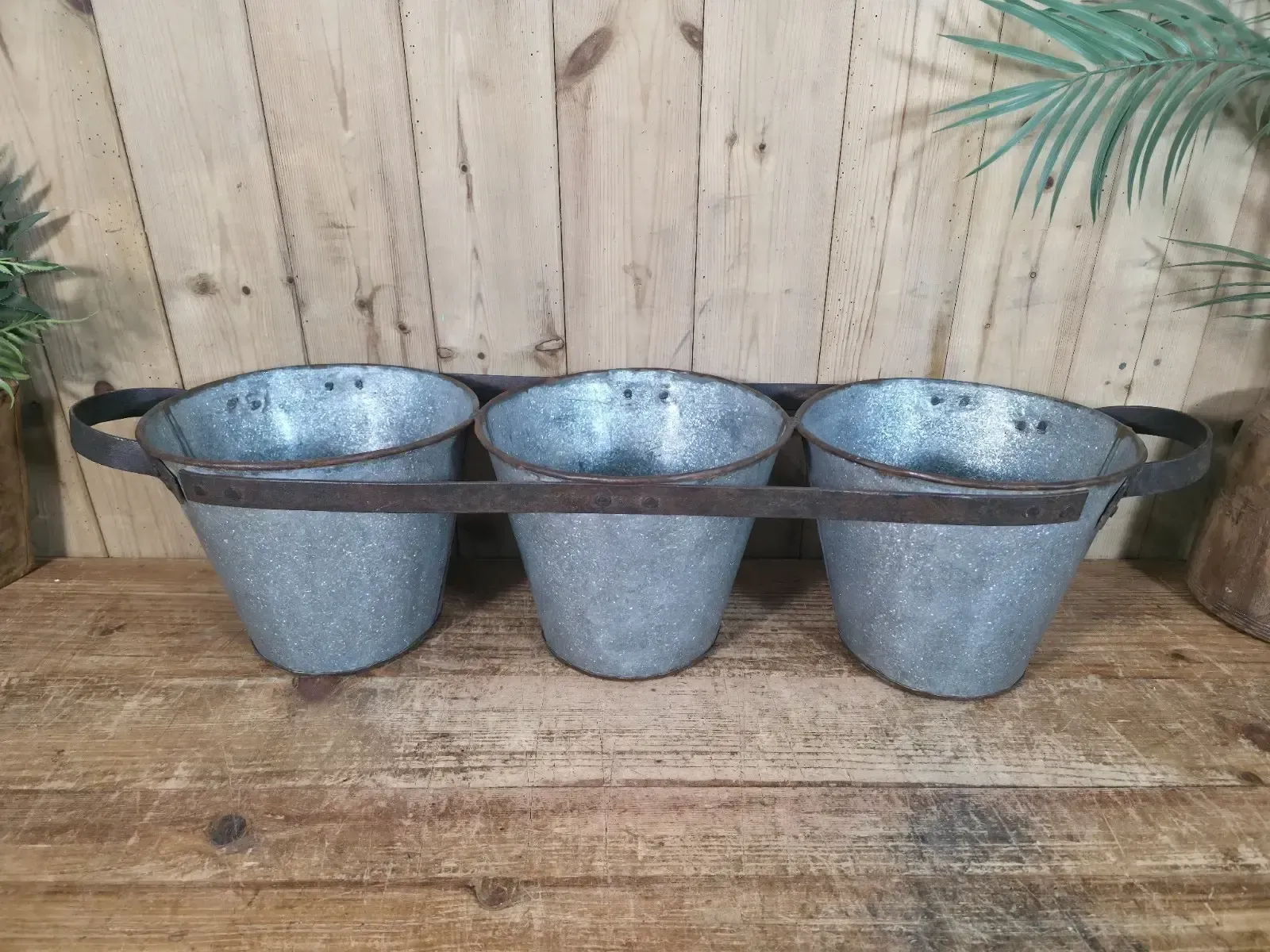 Rustic Reclaimed Hand Made Galvanised Metal Triple Pot Garden Planter photo vintage