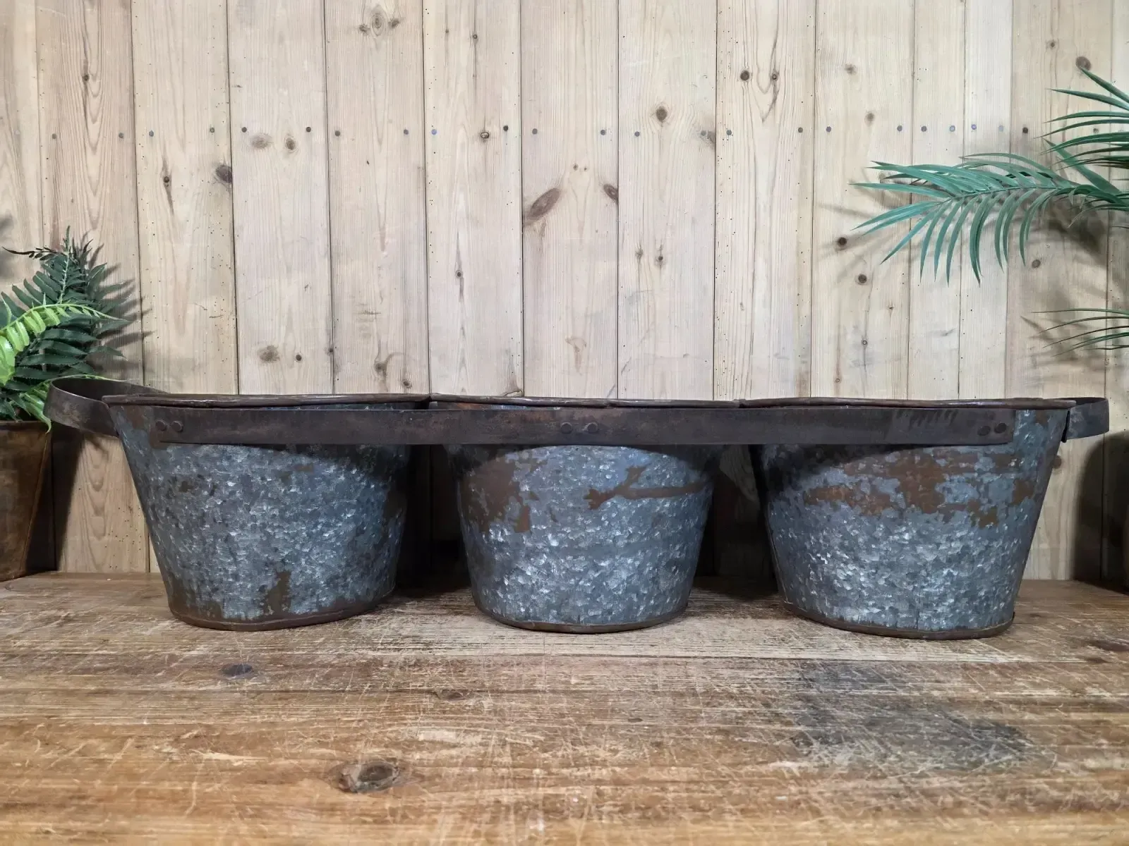 Rustic Reclaimed Hand Made Galvanised Metal Triple Pot Garden Planter photo furniture