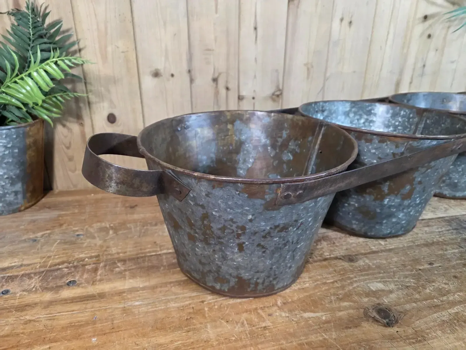 Rustic Reclaimed Hand Made Galvanised Metal Triple Pot Garden Planter photo for sale