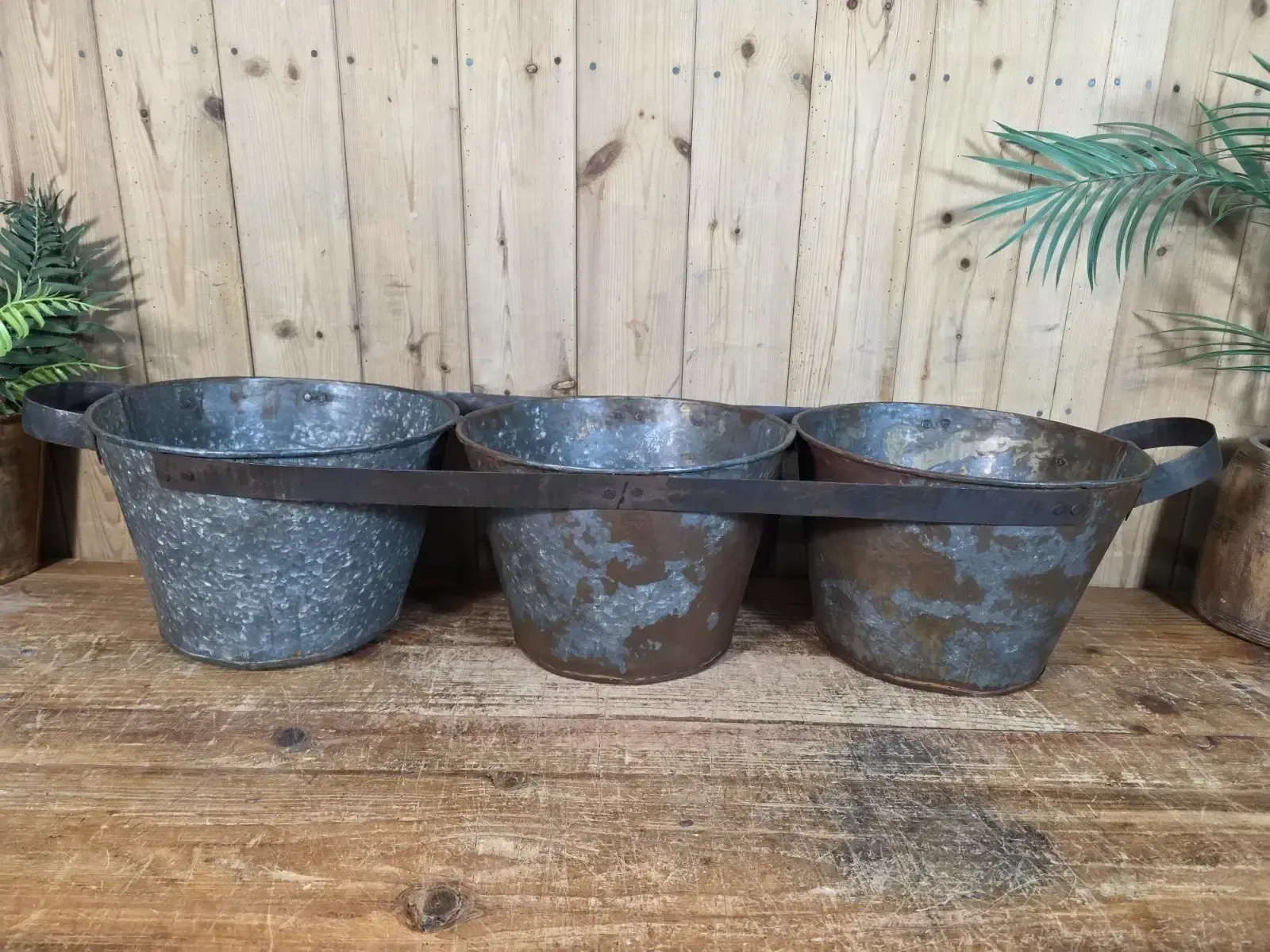 Rustic Reclaimed Hand Made Galvanised Metal Triple Pot Garden Planter photo 75.0