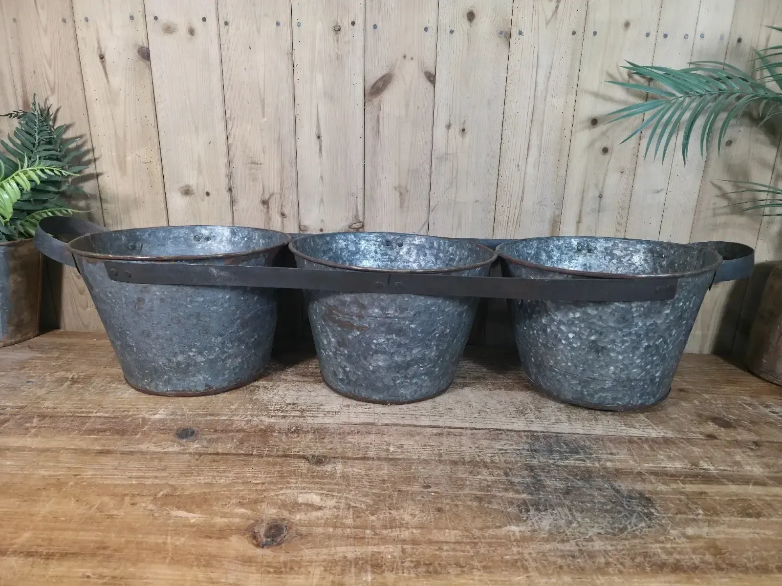 Rustic Reclaimed Hand Made Galvanised Metal Triple Pot Garden Planter photo buy