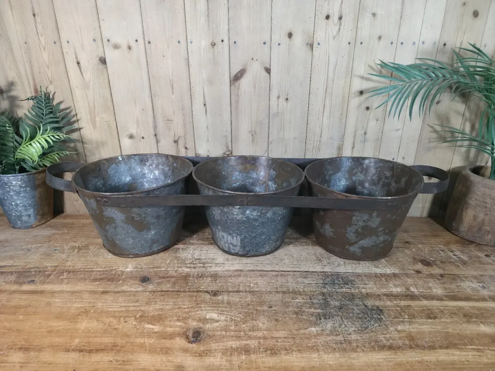 Rustic Reclaimed Hand Made Galvanised Metal Triple Pot Garden Planter photo vintage