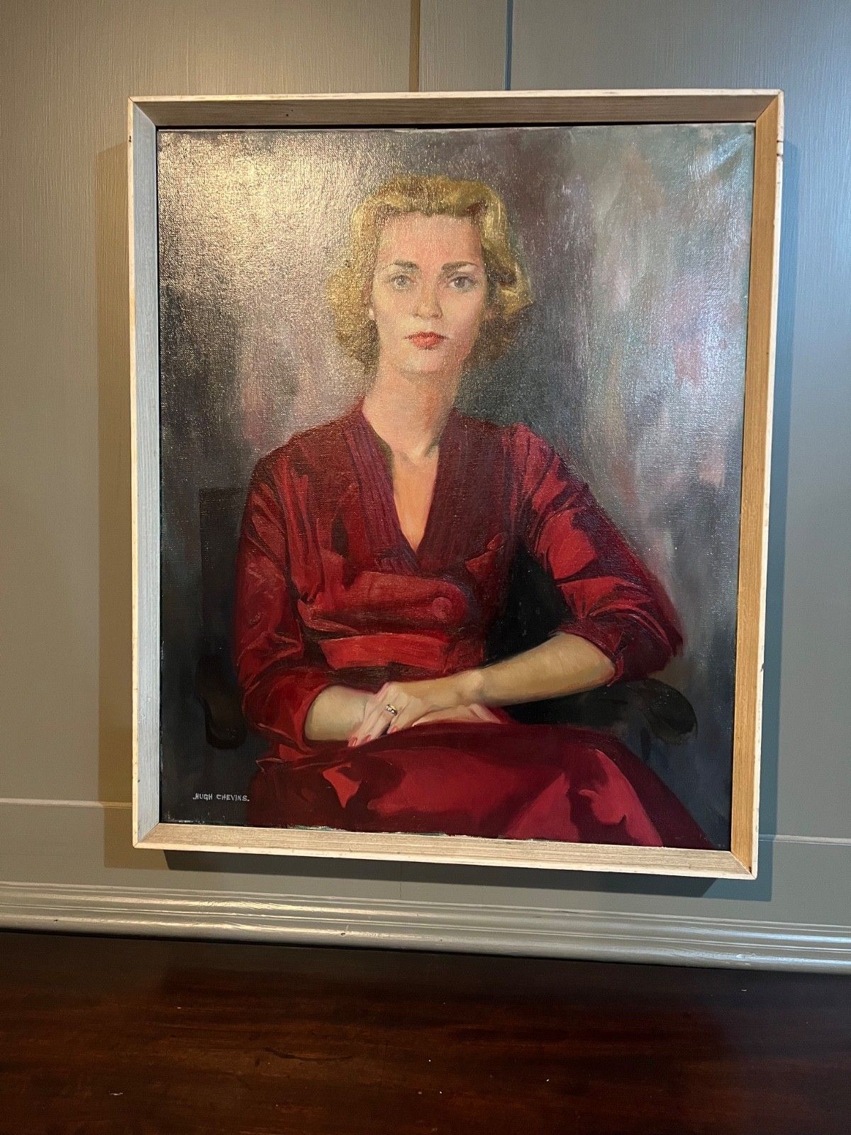 Vintage Portrait Oil On Canvas Woman In Red Dress Circa 1950’s By Hugh Chevins photo for sale