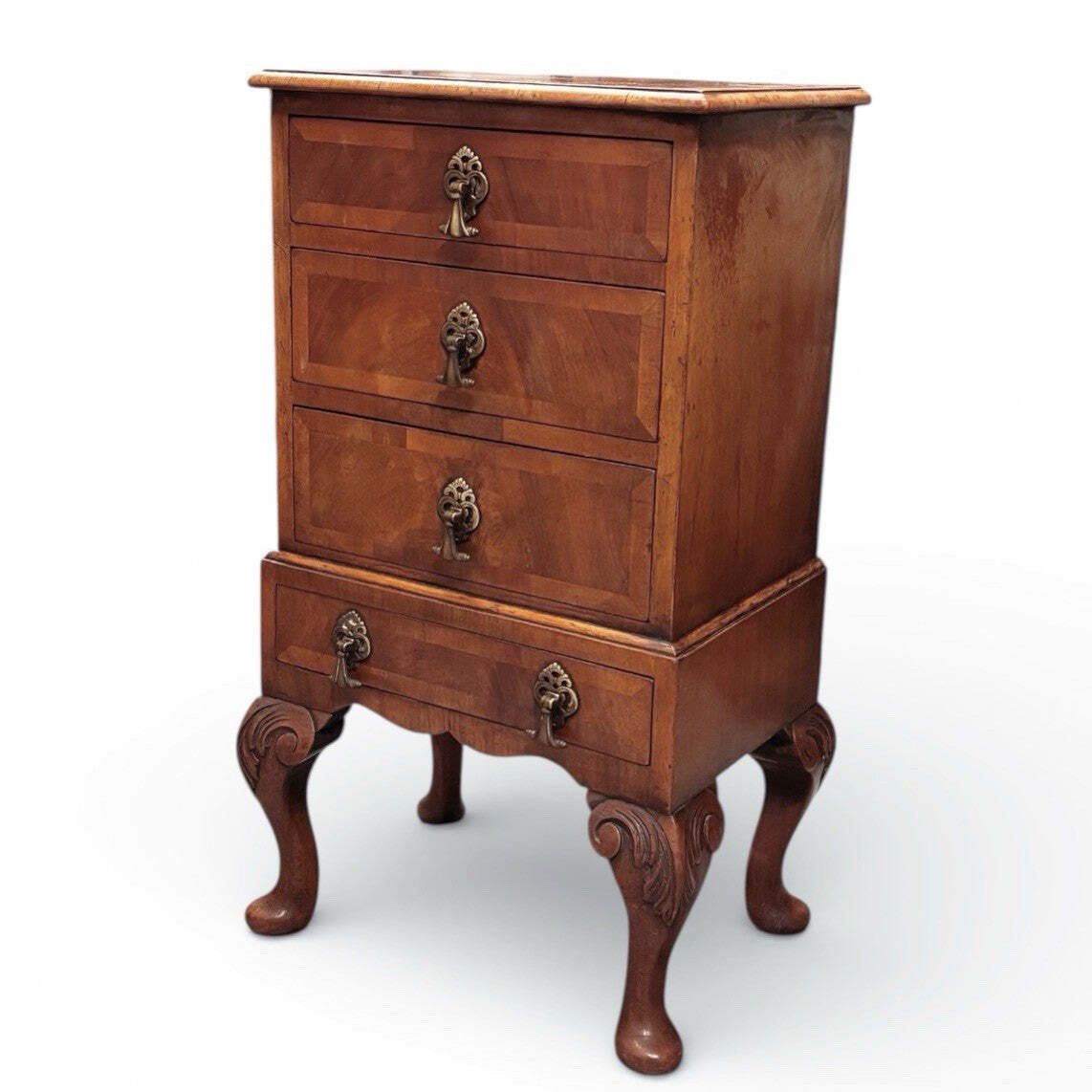 Art Deco Walnut Small Chest Of Drawers, Brass Handles.