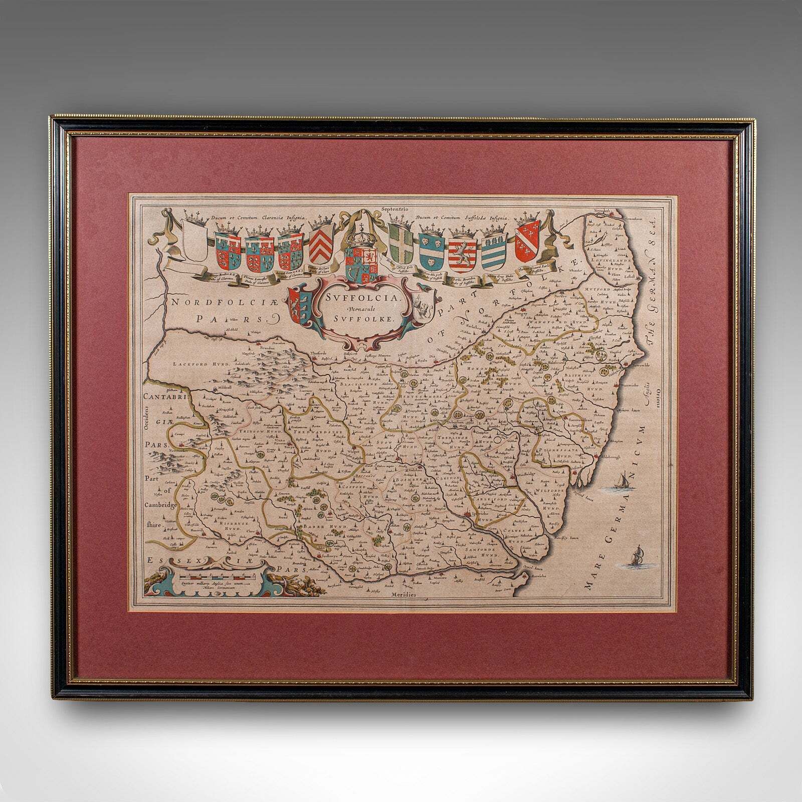Antique Suffolk County Map, Dutch, Atlas Novus, Joan Blaeu, Cartography, C.1645 photo furniture