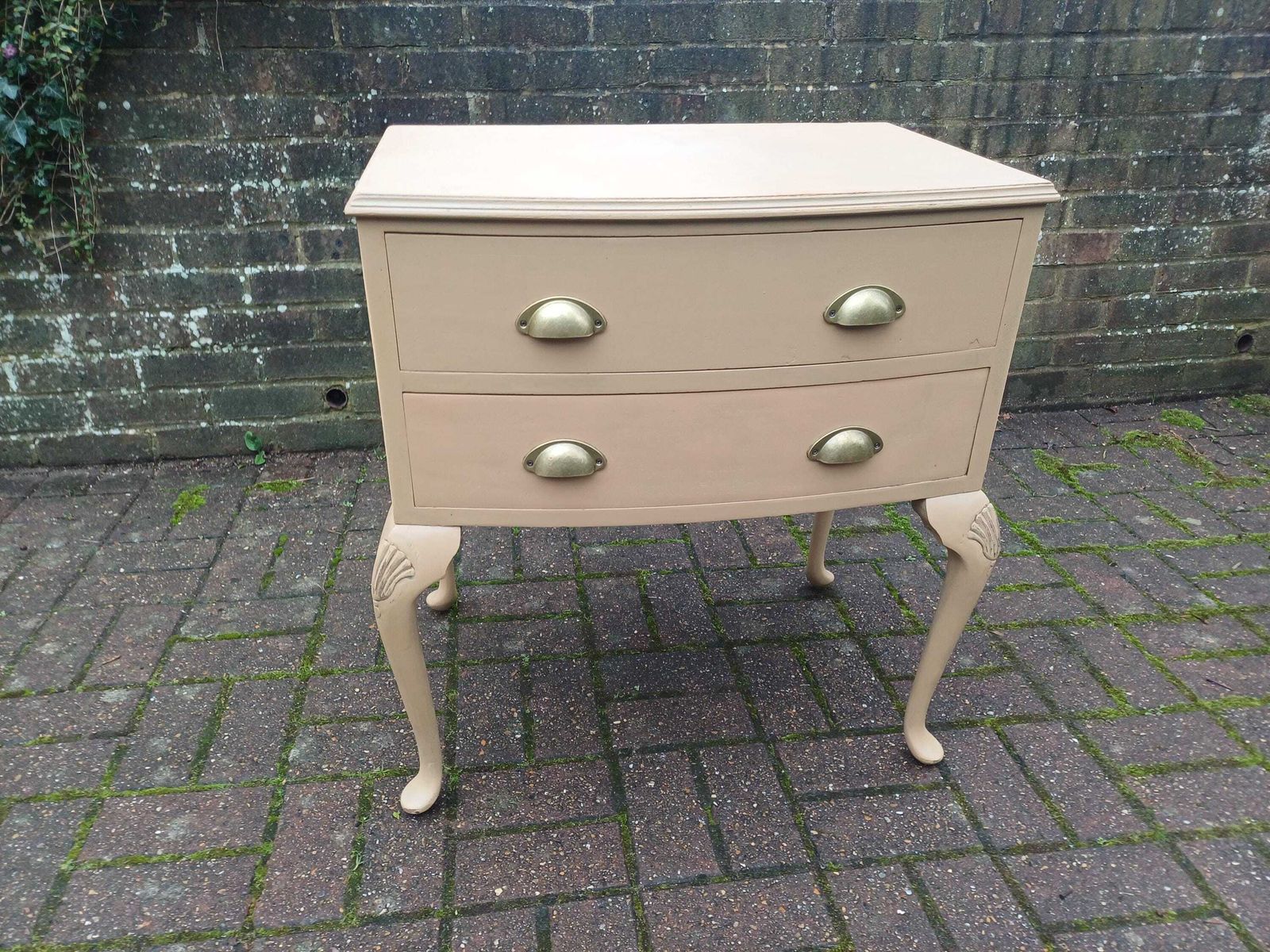 Vintage Mid Century Chest Of Drawers Bedside Cabinet Mustard Oat Beige Painted Side Table Brass Cup Handles Cabriole Legs