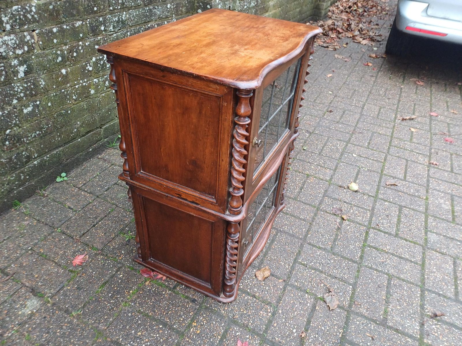 Antique 1910s Leaded Glass Display Cupboard Early 20th Century Cabinet · Barley Twist Storage Glazed Wall Or Floor Unit photo vintage