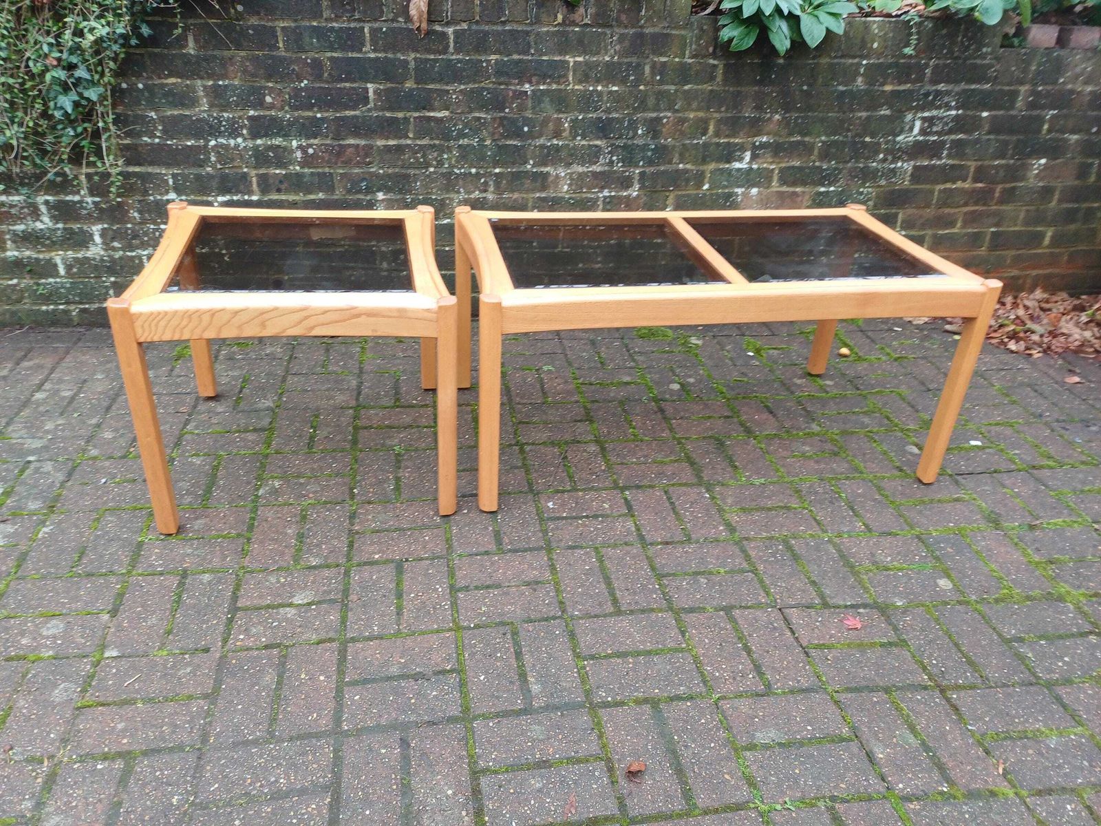 Pair Ercol Windsor Elm Coffee Table & Lamp Table Set Smoky Bevelled Glass British Design Quality Living Room Furniture