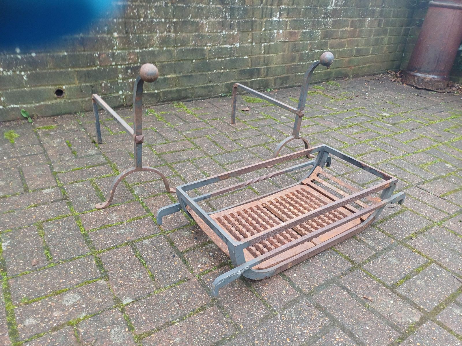 photo furniture Mid Century Cast Iron Fire Basket & Adjustable Fire Dogs Vintage Fireplace Grate Rustic Hearth Log Coal Basket Set