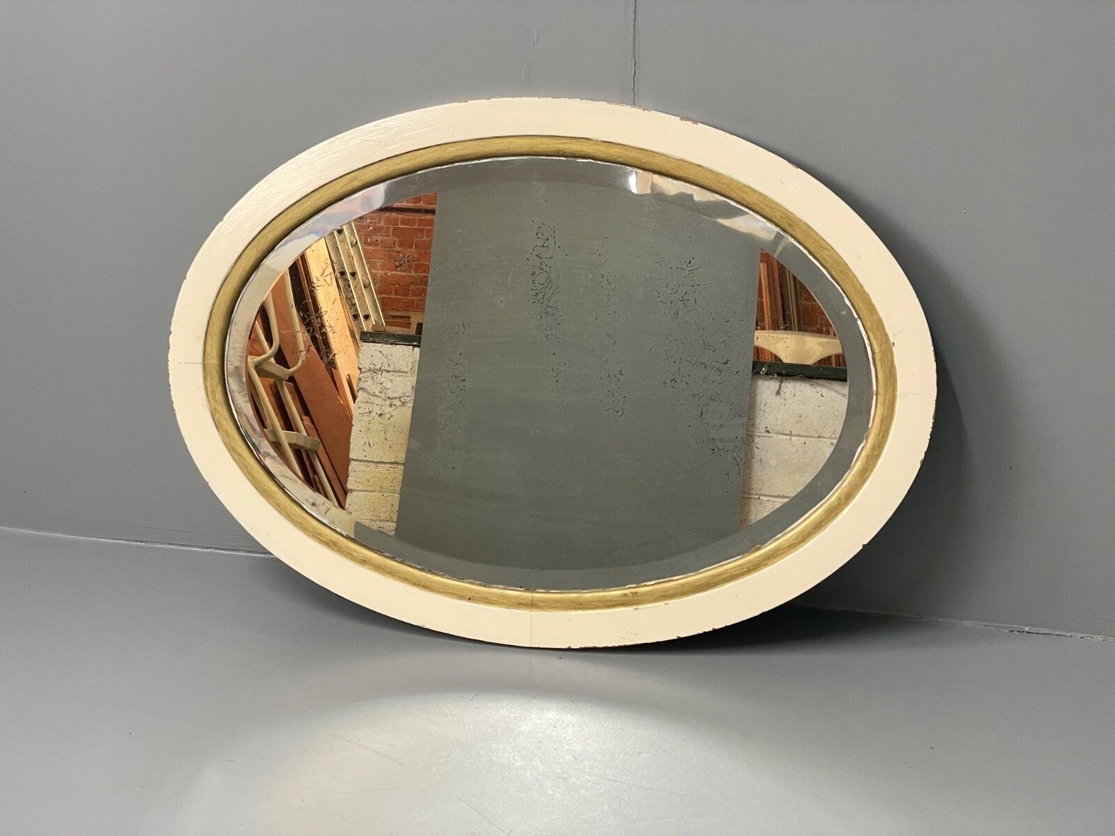 photo for sale Antique Oval Wall Mirror White & Gold Painted Bevelled Patina