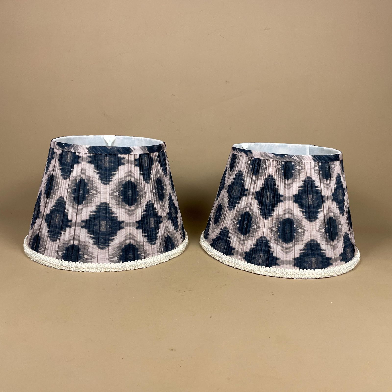 Set Of 2 Patterned Vintage Lamp Shade Lampshade Lightshade Light Tapered Drum Geometric Pattern Blue White Pleated Fabric Pleats Matching photo 116.0