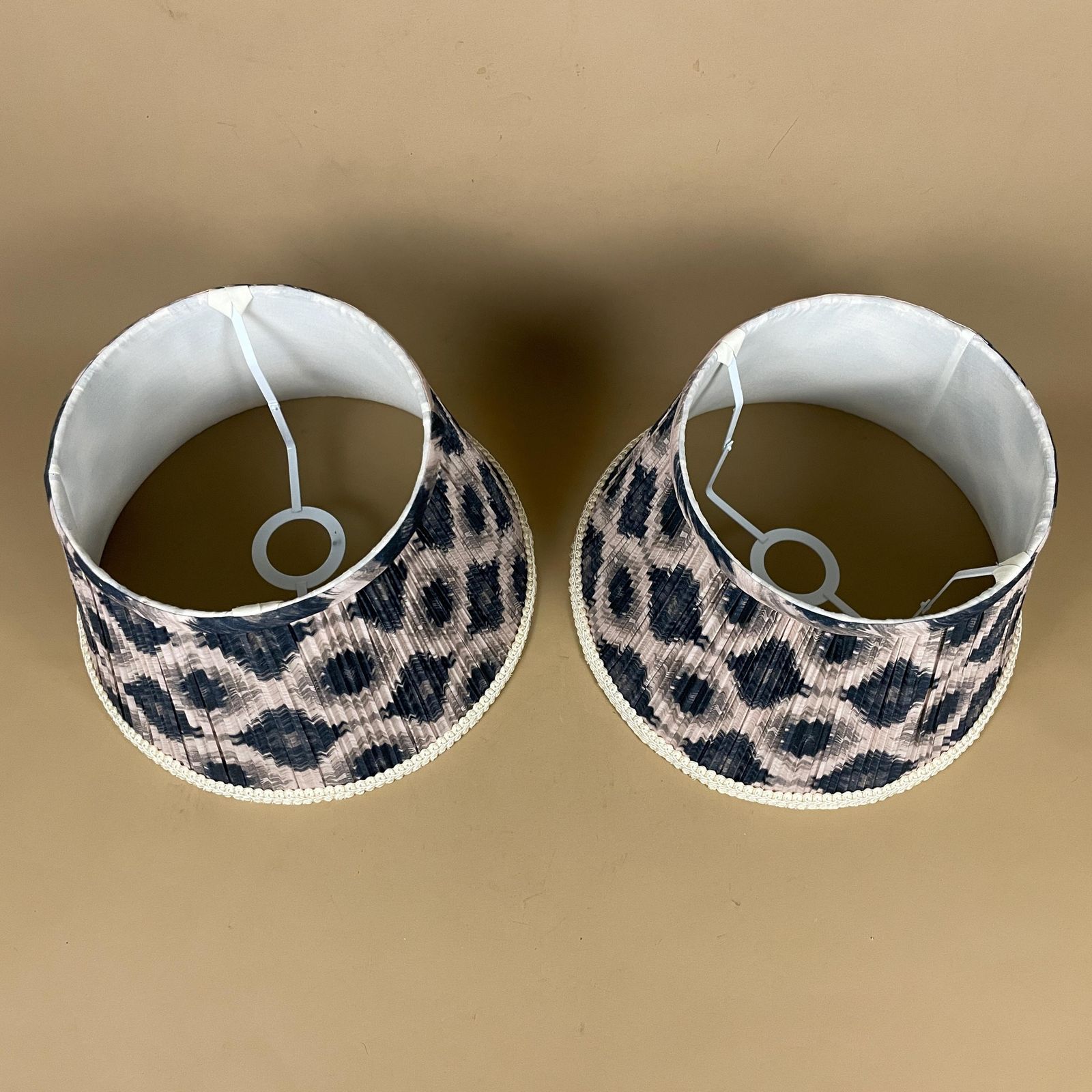 photo for sale Set Of 2 Patterned Vintage Lamp Shade Lampshade Lightshade Light Tapered Drum Geometric Pattern Blue White Pleated Fabric Pleats Matching