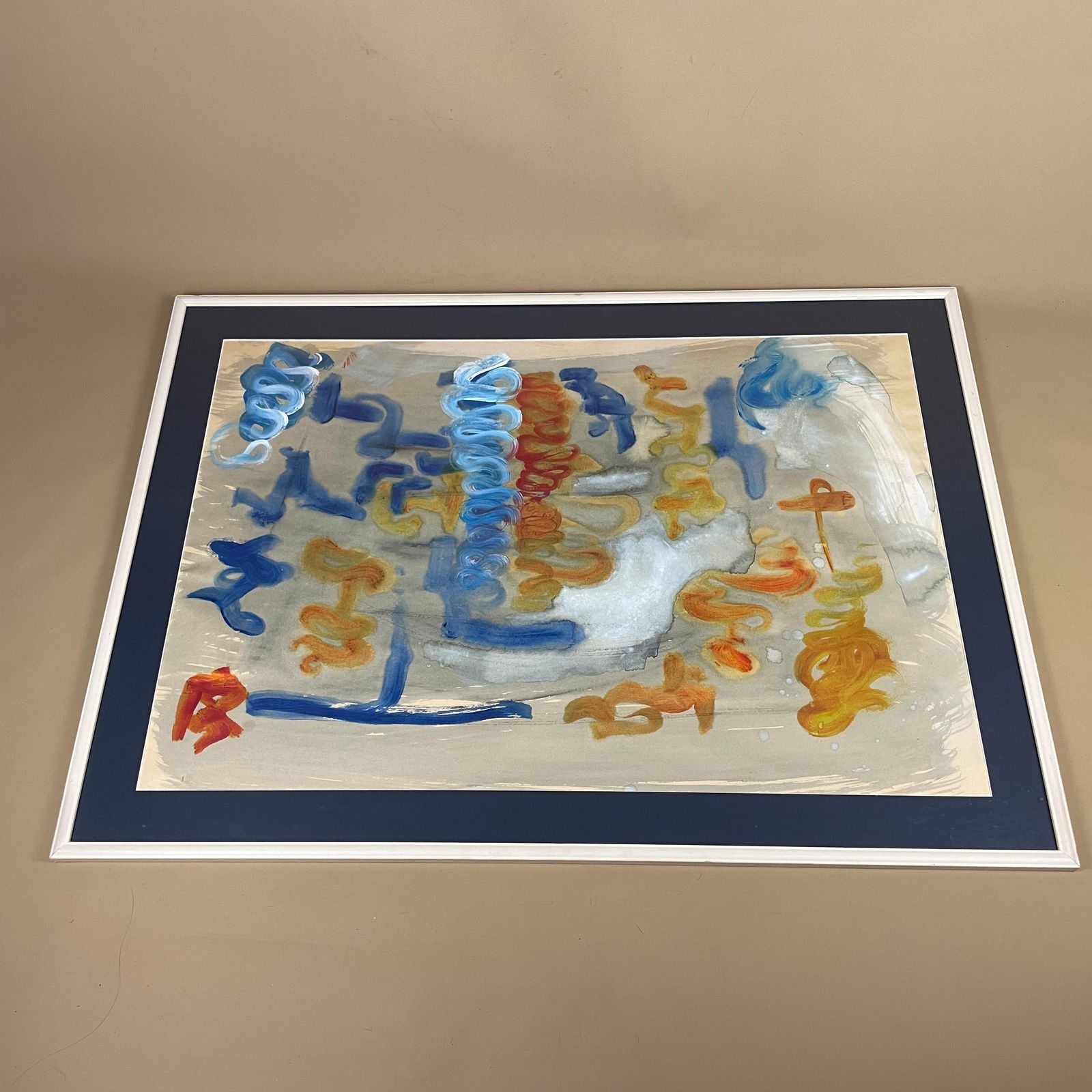 Vintage Abstract Painting Framed Modernist Watercolour Mixed Media Art Picture Artwork Mid Century Wall Decor Large Blue Wooden Frame photo for sale