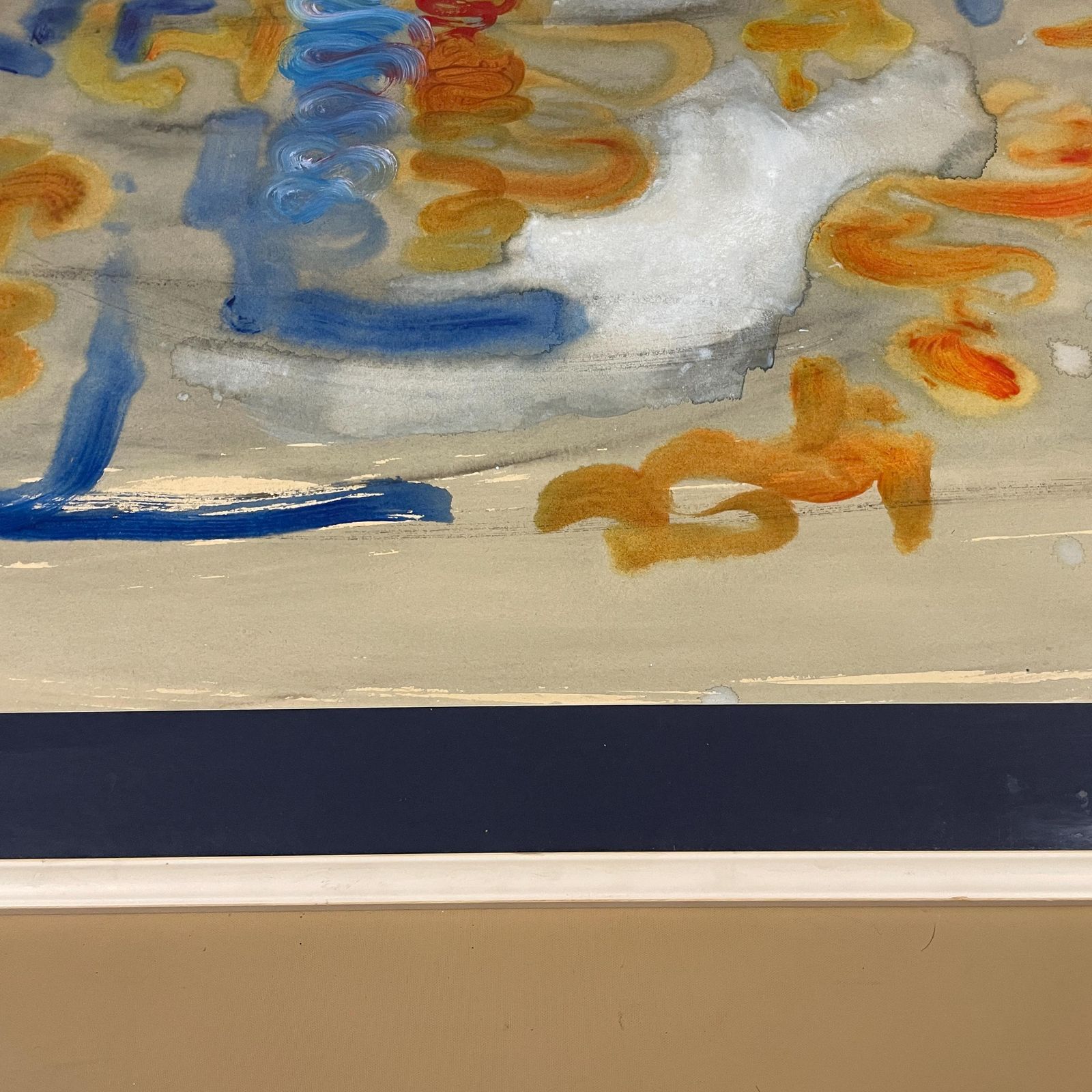 photo vinterior Vintage Abstract Painting Framed Modernist Watercolour Mixed Media Art Picture Artwork Mid Century Wall Decor Large Blue Wooden Frame