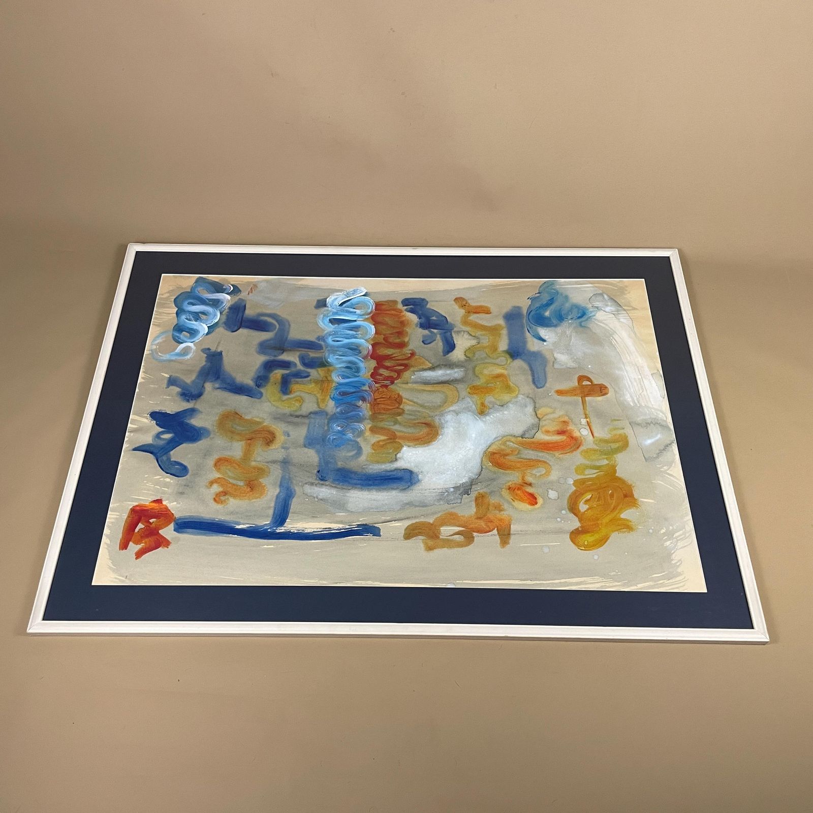 photo buy Vintage Abstract Painting Framed Modernist Watercolour Mixed Media Art Picture Artwork Mid Century Wall Decor Large Blue Wooden Frame