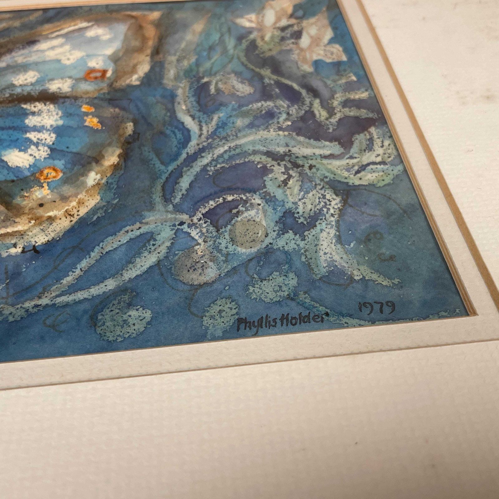 Blue Butterfly Watercolour Painting Signed 1979 Phyllis Holder Framed Artwork Painted Silver Wooden Framed Art Picture Rectangular photo vinterior
