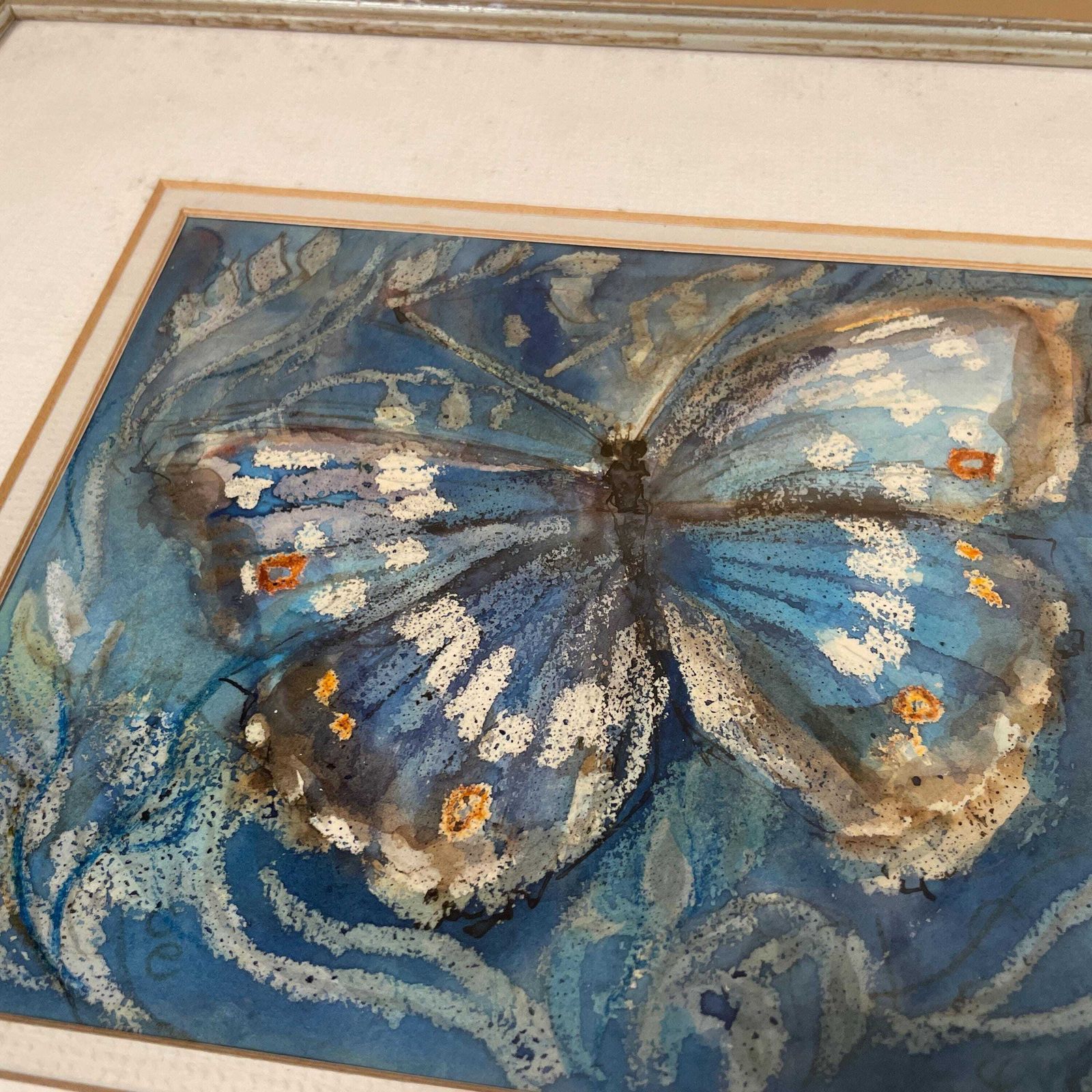 Blue Butterfly Watercolour Painting Signed 1979 Phyllis Holder Framed Artwork Painted Silver Wooden Framed Art Picture Rectangular photo buy
