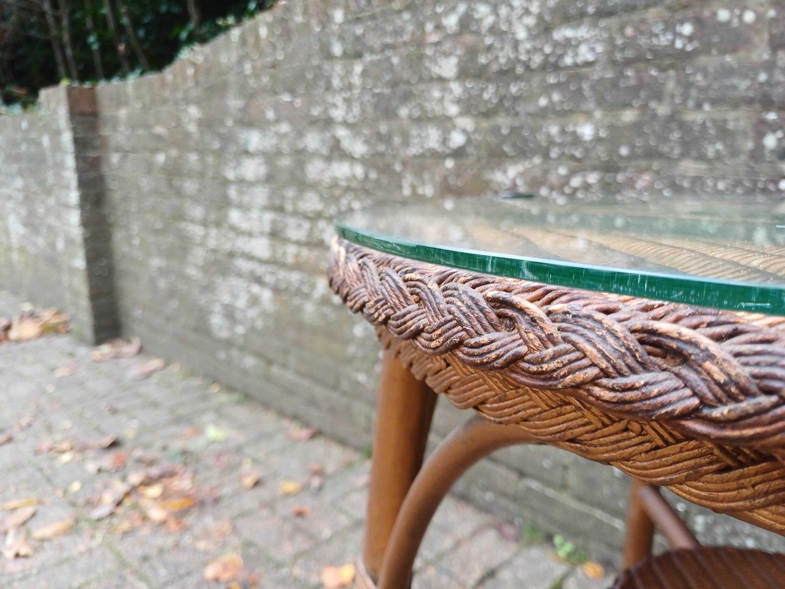 Vintage Lloyd Loom Style Wicker Side Table Gold Glass Top Brass Feet 1930s Occasional Conservatory Bedside Or Living Room Free Hand Delivery photo vintage