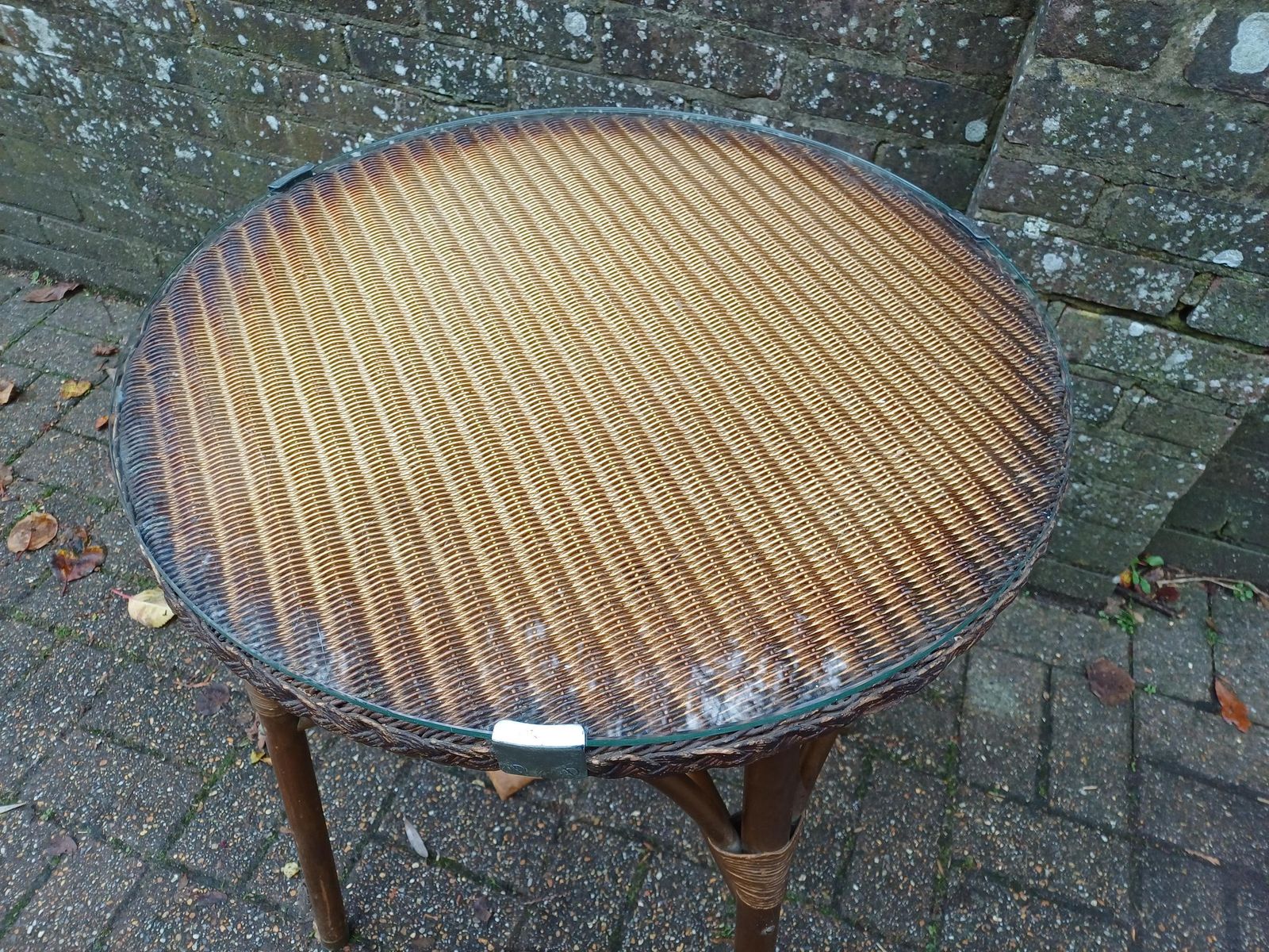 Furniture Vintage Lloyd Loom Style Wicker Side Table Gold Glass Top Brass Feet 1930s Occasional Conservatory Bedside Or Living Room Free Hand Delivery photo